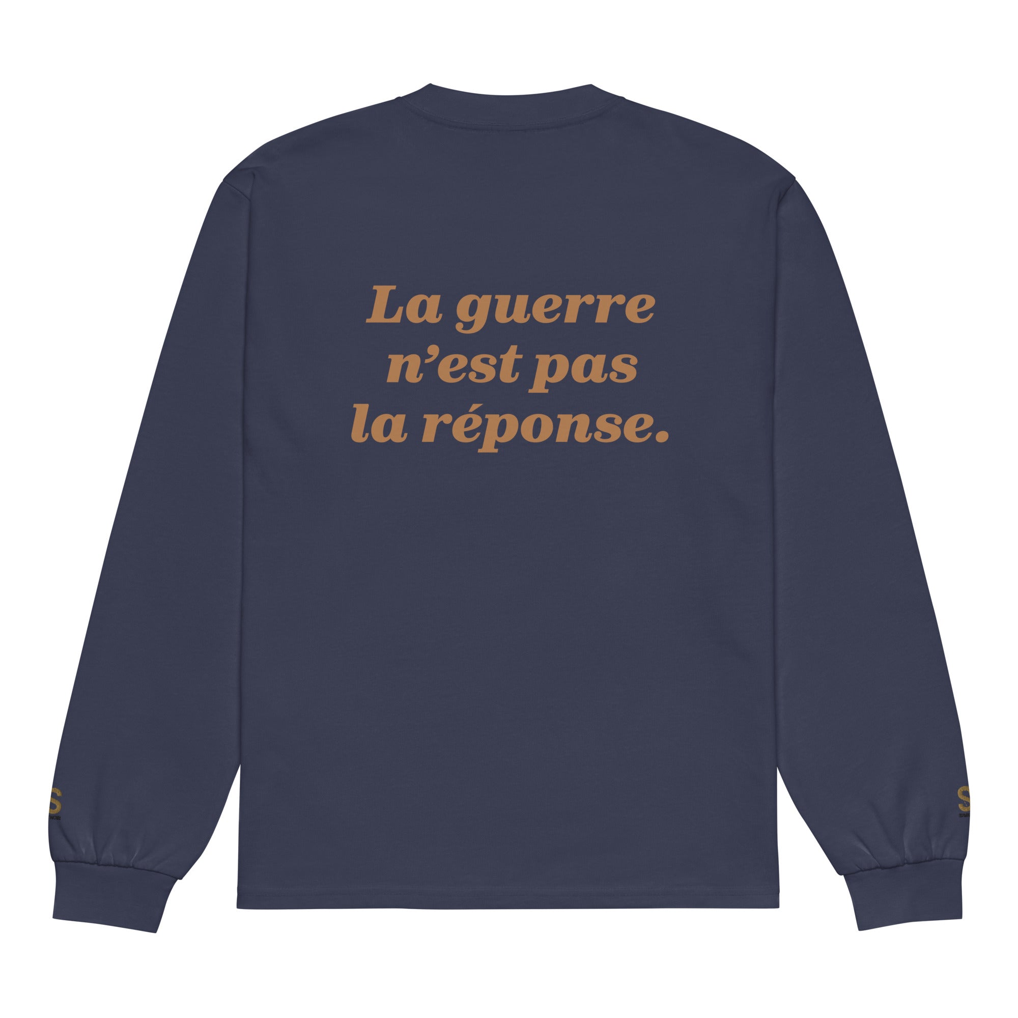 SAVANT NOIR navy long sleeve premium cotton statement tee with French text on the back