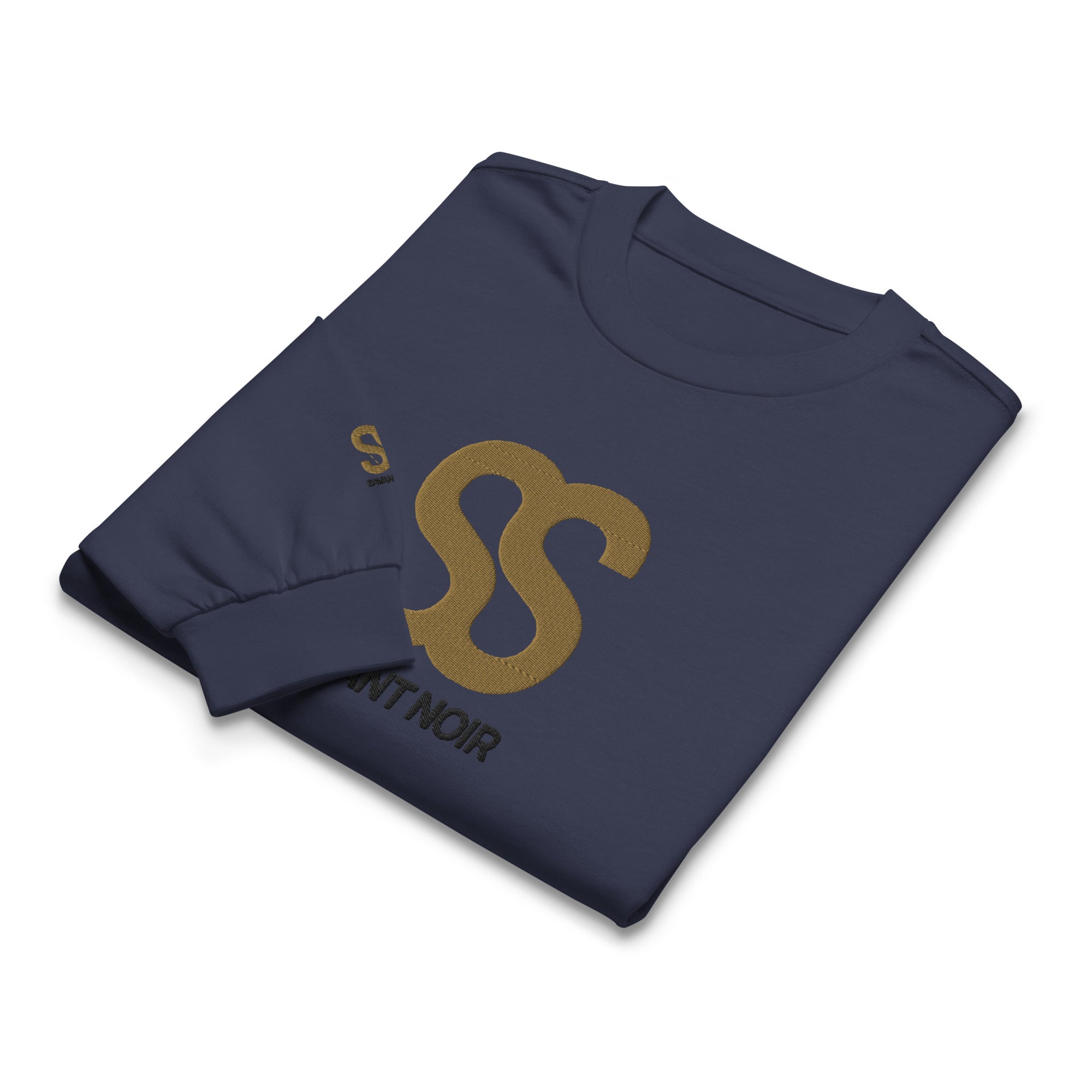 Folded navy blue SAVANT NOIR premium cotton statement tee with gold logo print on front