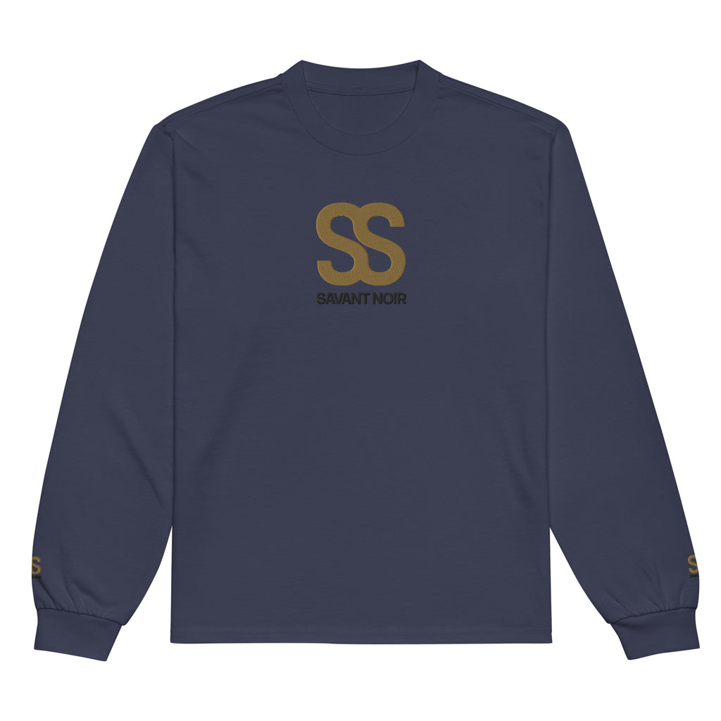 SAVANT NOIR navy long sleeve premium cotton statement tee with gold SS logo on chest and sleeves