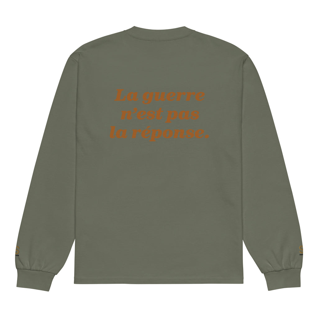 SAVANT NOIR premium cotton statement tee in olive green with French text printed on the back
