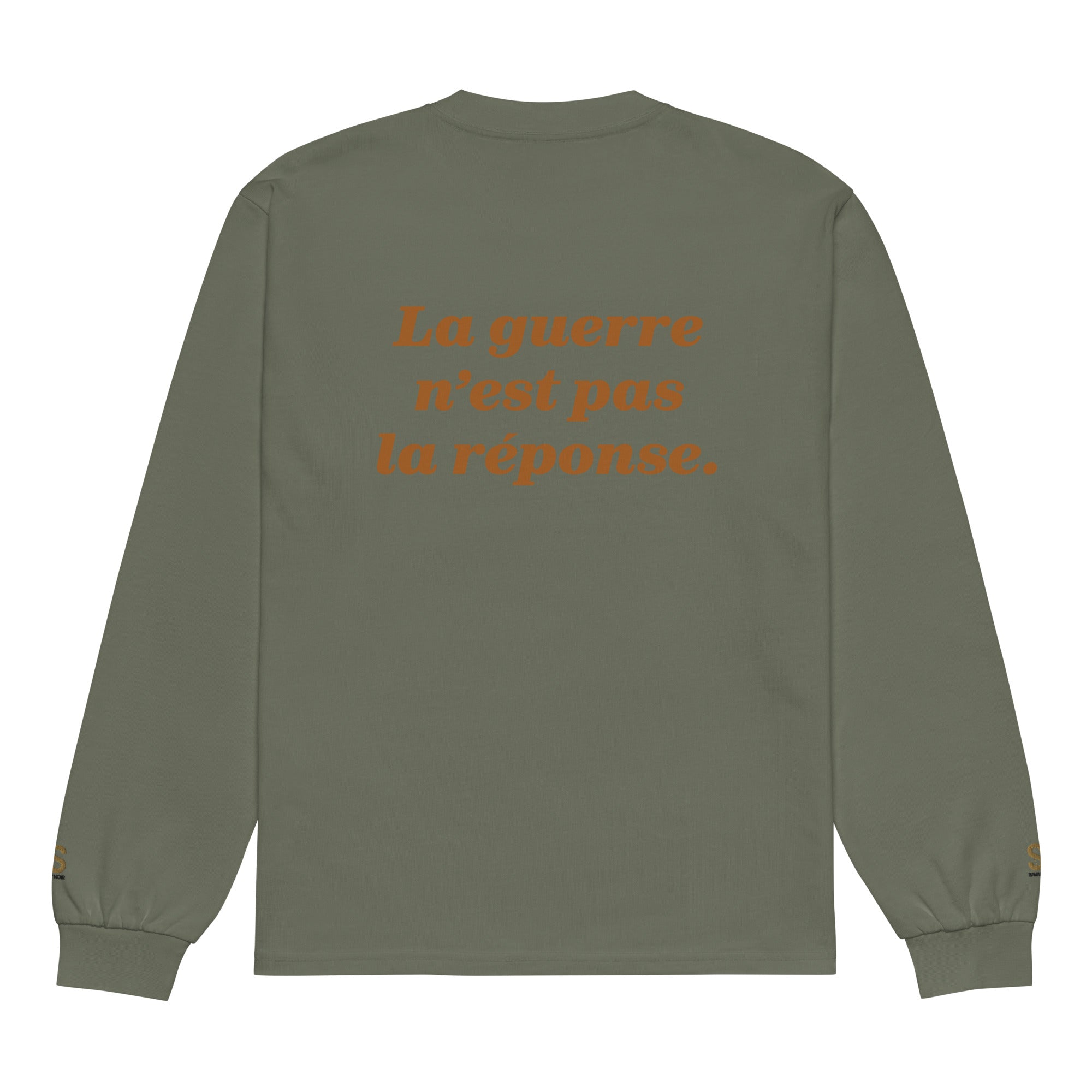 SAVANT NOIR premium cotton statement tee in olive green with French text printed on the back