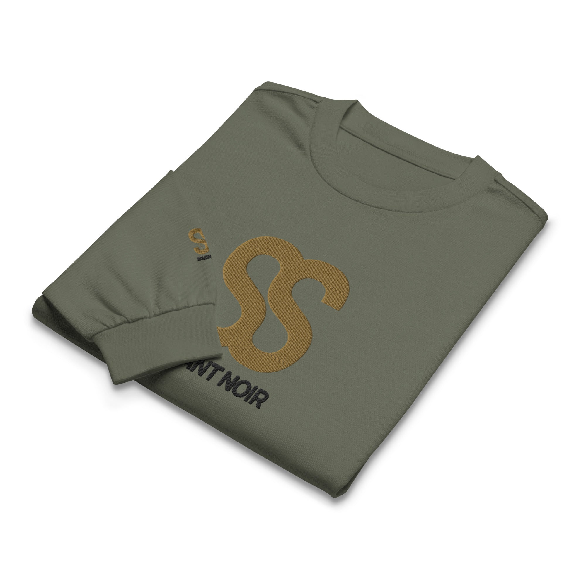 SAVANT NOIR olive green premium cotton statement tee with gold logo embroidery folded neatly