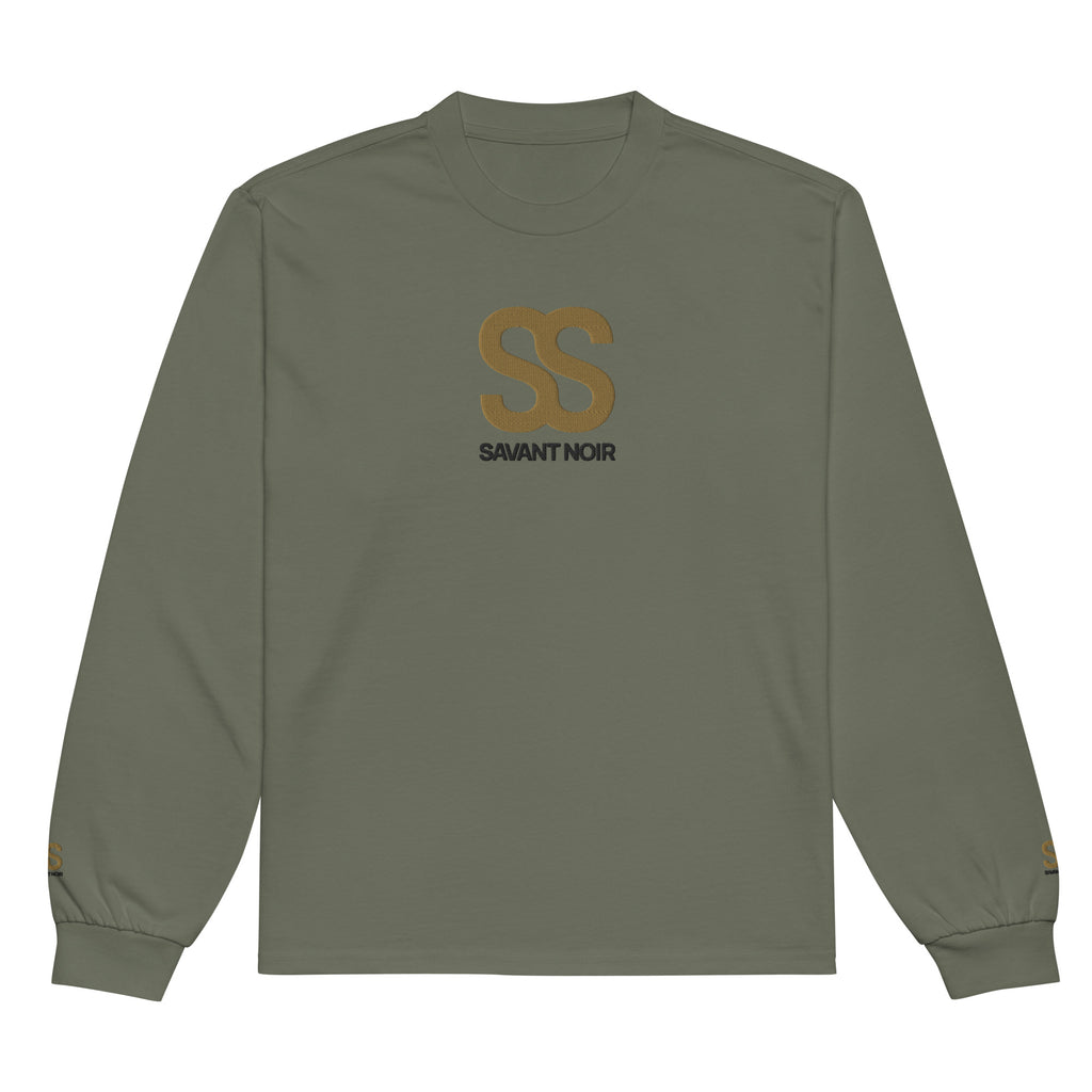 SAVANT NOIR olive green premium cotton statement tee with long sleeves and SS logo on front