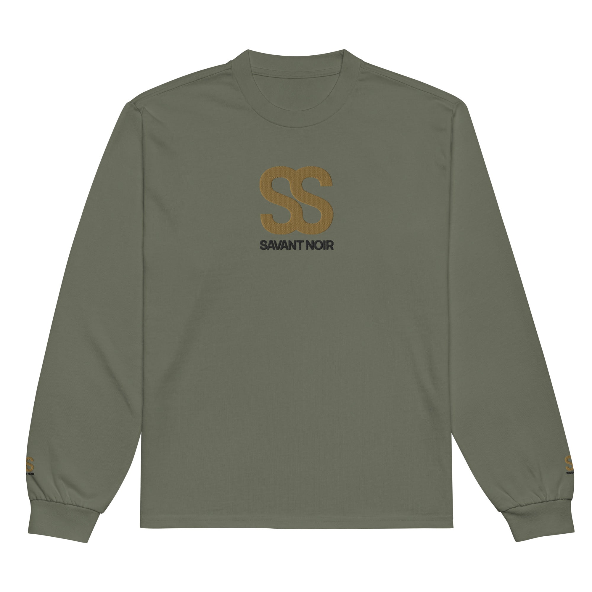 SAVANT NOIR olive green premium cotton statement tee with long sleeves and SS logo on front