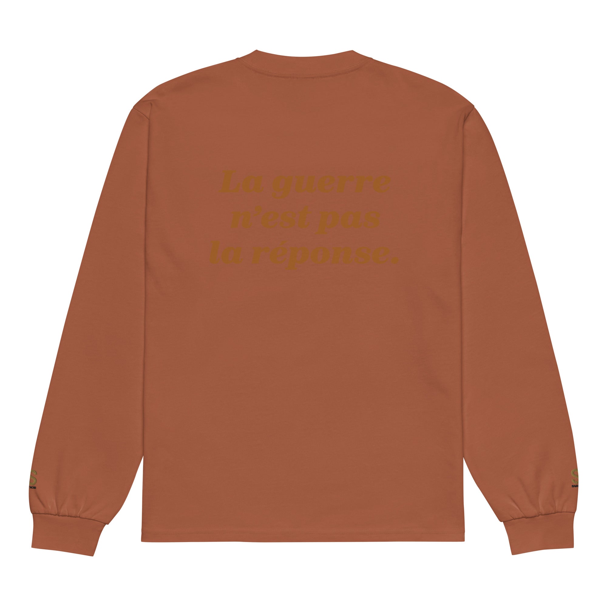 SAVANT NOIR premium cotton statement tee in rust with French text printed on the back and long sleeves