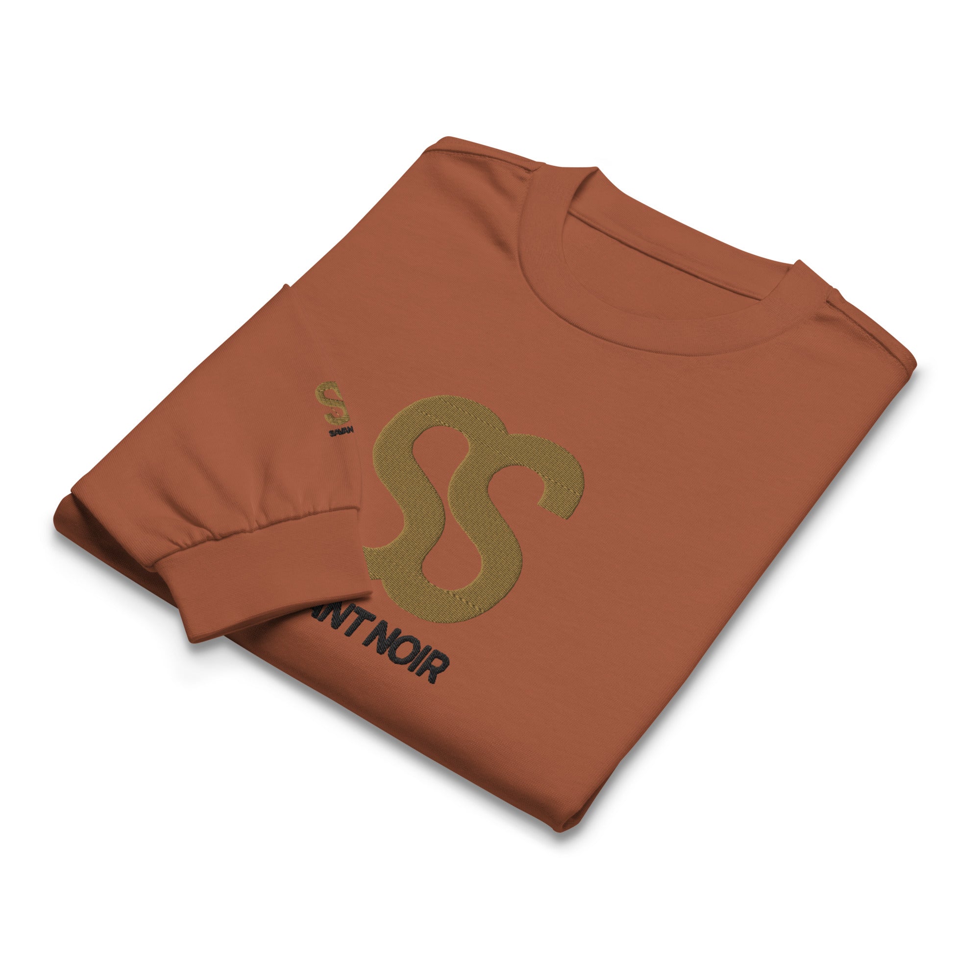 Folded SAVANT NOIR premium cotton statement tee in rust color with logo embroidery