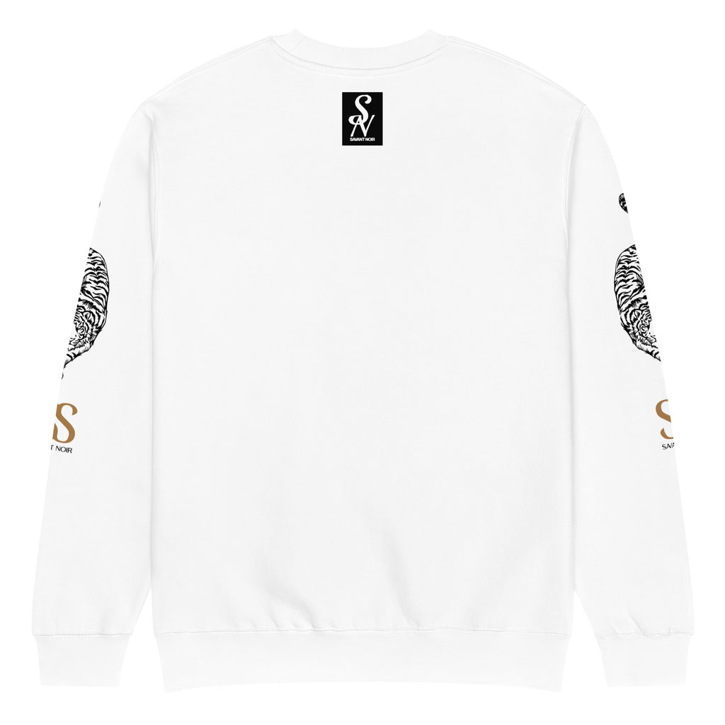 White SAVANT NOIR premium crew neck sweatshirt with tiger design on sleeves and ribbed cuffs