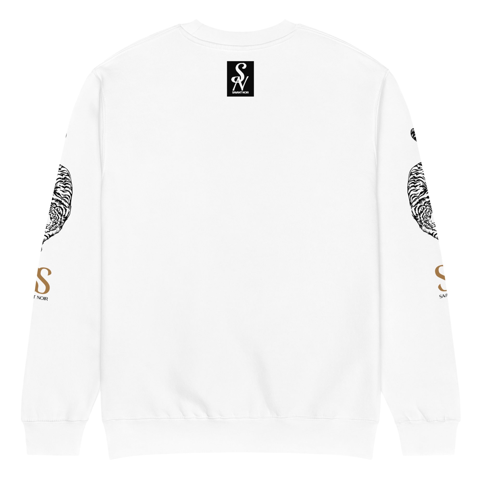 White SAVANT NOIR premium crew neck sweatshirt with tiger design on sleeves and ribbed cuffs