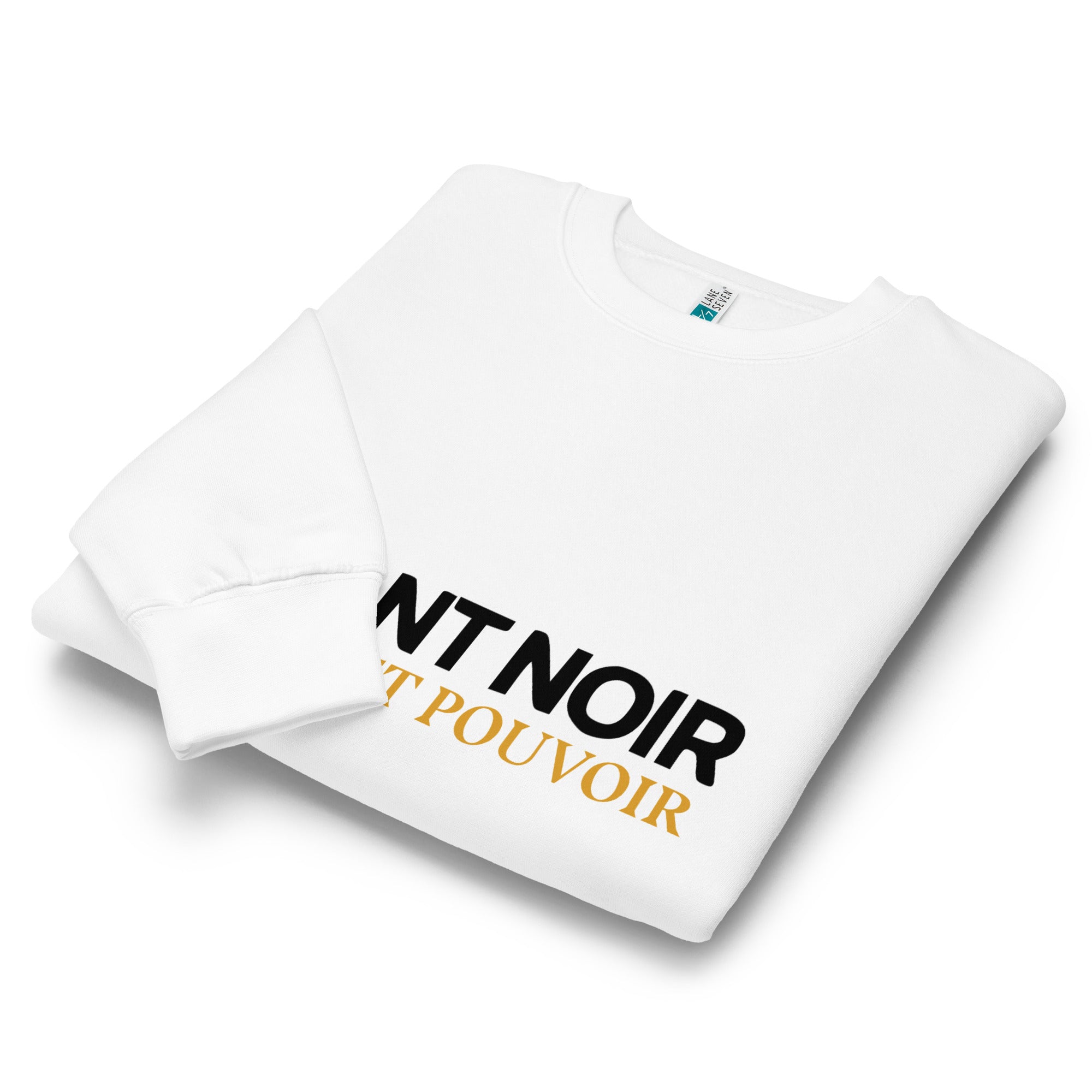 White SAVANT NOIR premium crew neck sweatshirt folded with black and gold logo print