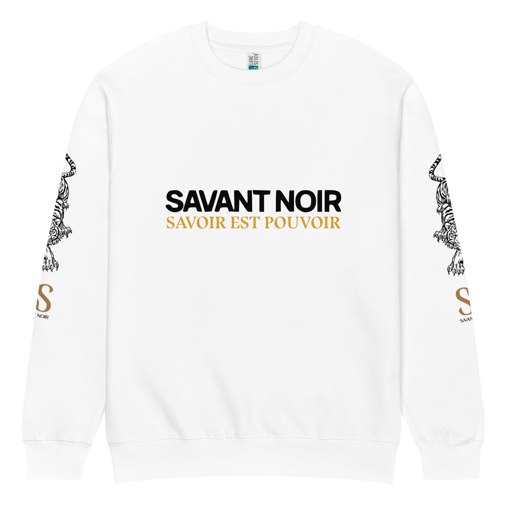 White SAVANT NOIR premium crew neck sweatshirt with black and gold logo and artistic sleeve designs