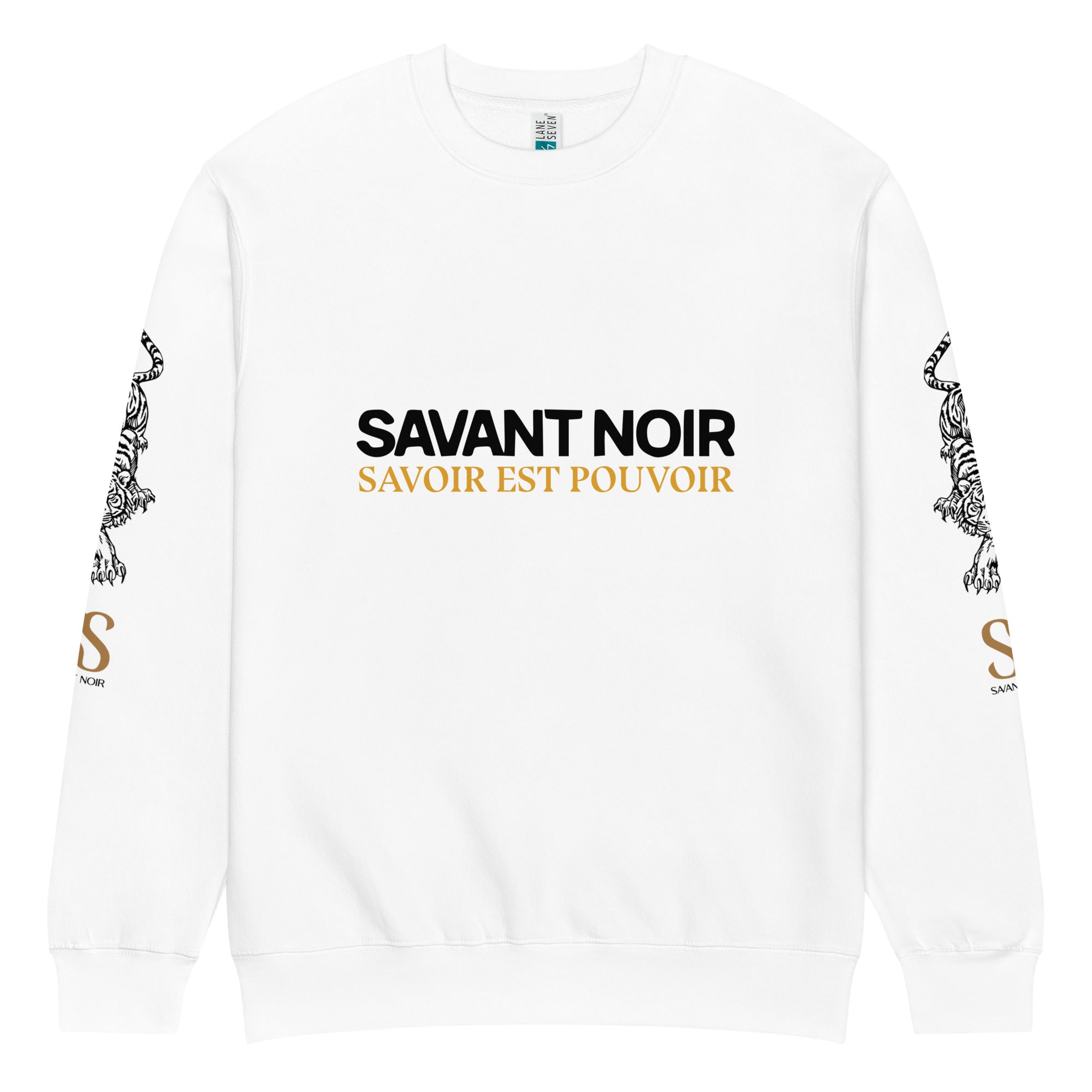 White SAVANT NOIR premium crew neck sweatshirt with black and gold logo and artistic sleeve designs