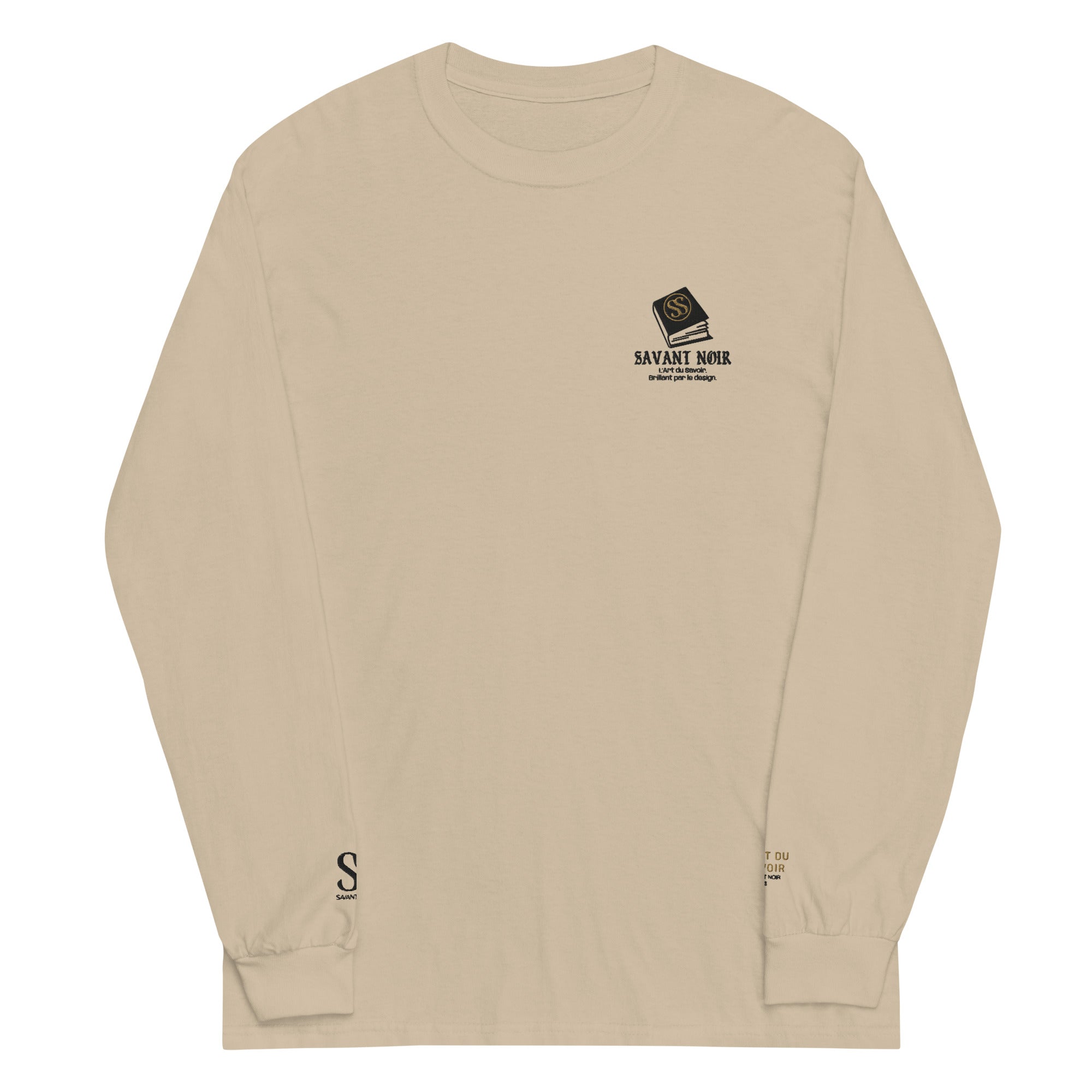 SAVANT NOIR refined cotton long sleeve tee for men in beige with subtle black logo detailing