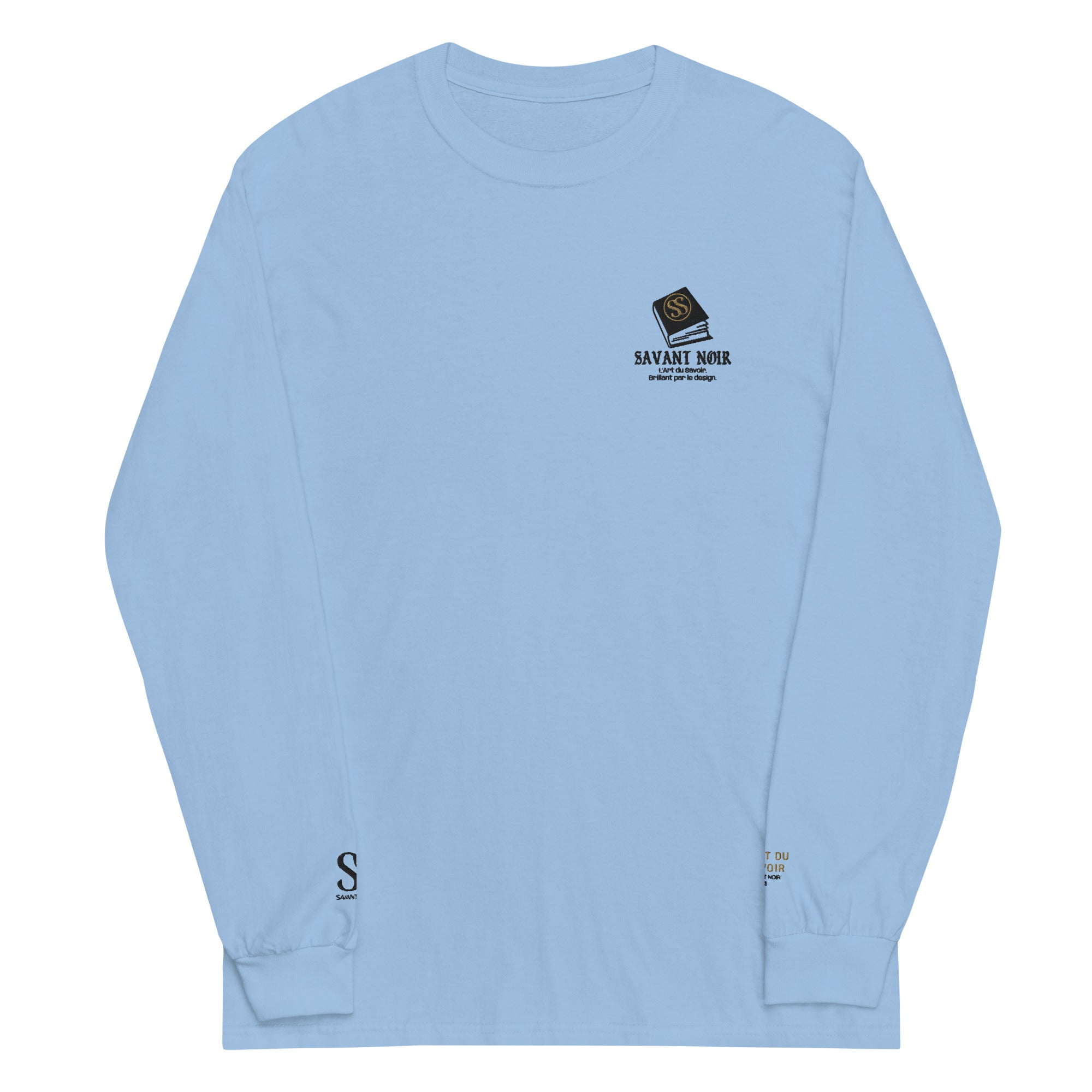 SAVANT NOIR refined cotton long sleeve tee for men in light blue with logo on chest and sleeve cuffs