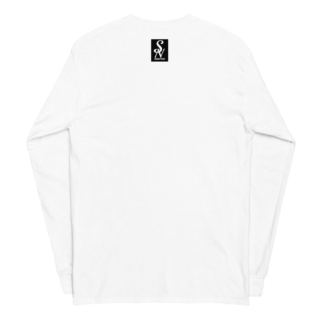 White refined cotton long sleeve tee for men by SAVANT NOIR with minimalist design and back logo