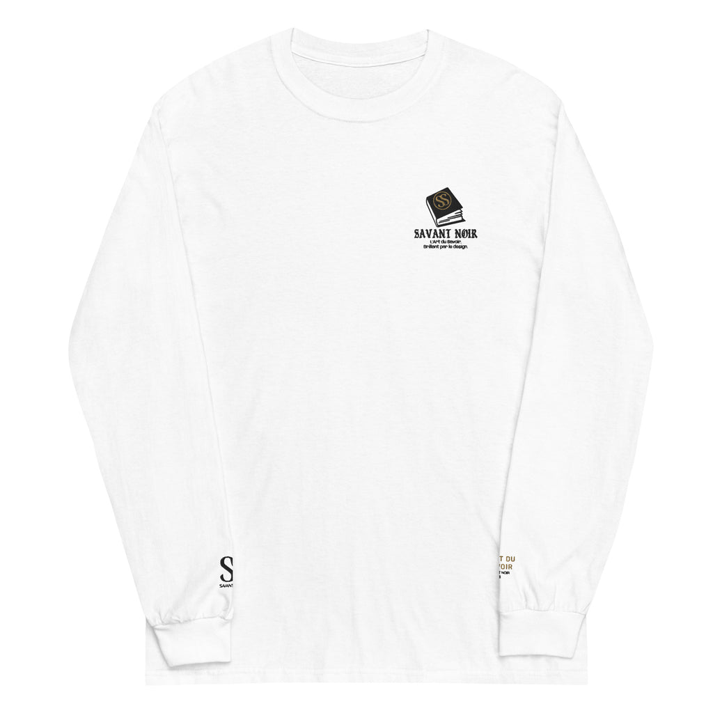 White refined cotton long sleeve tee for men by SAVANT NOIR with logo on chest and sleeve cuffs