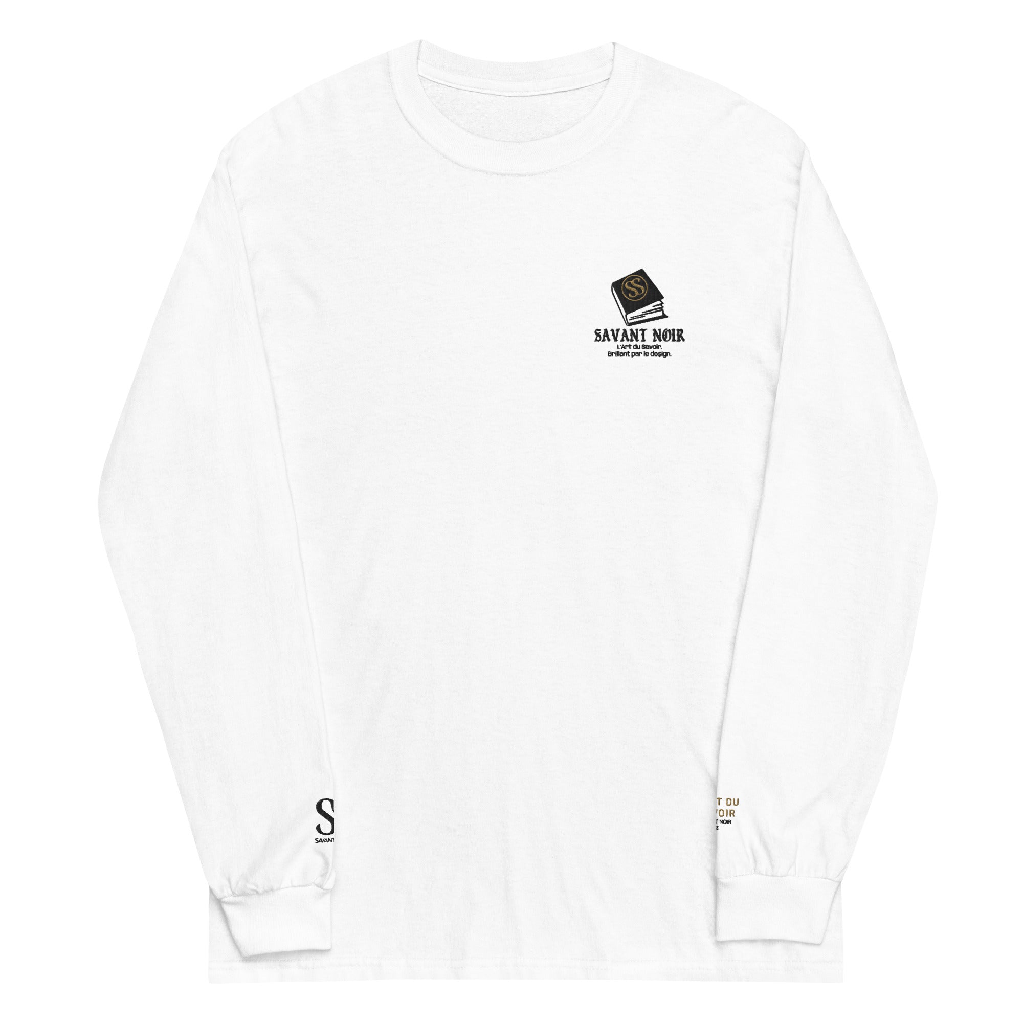 White refined cotton long sleeve tee for men by SAVANT NOIR with logo on chest and sleeve cuffs