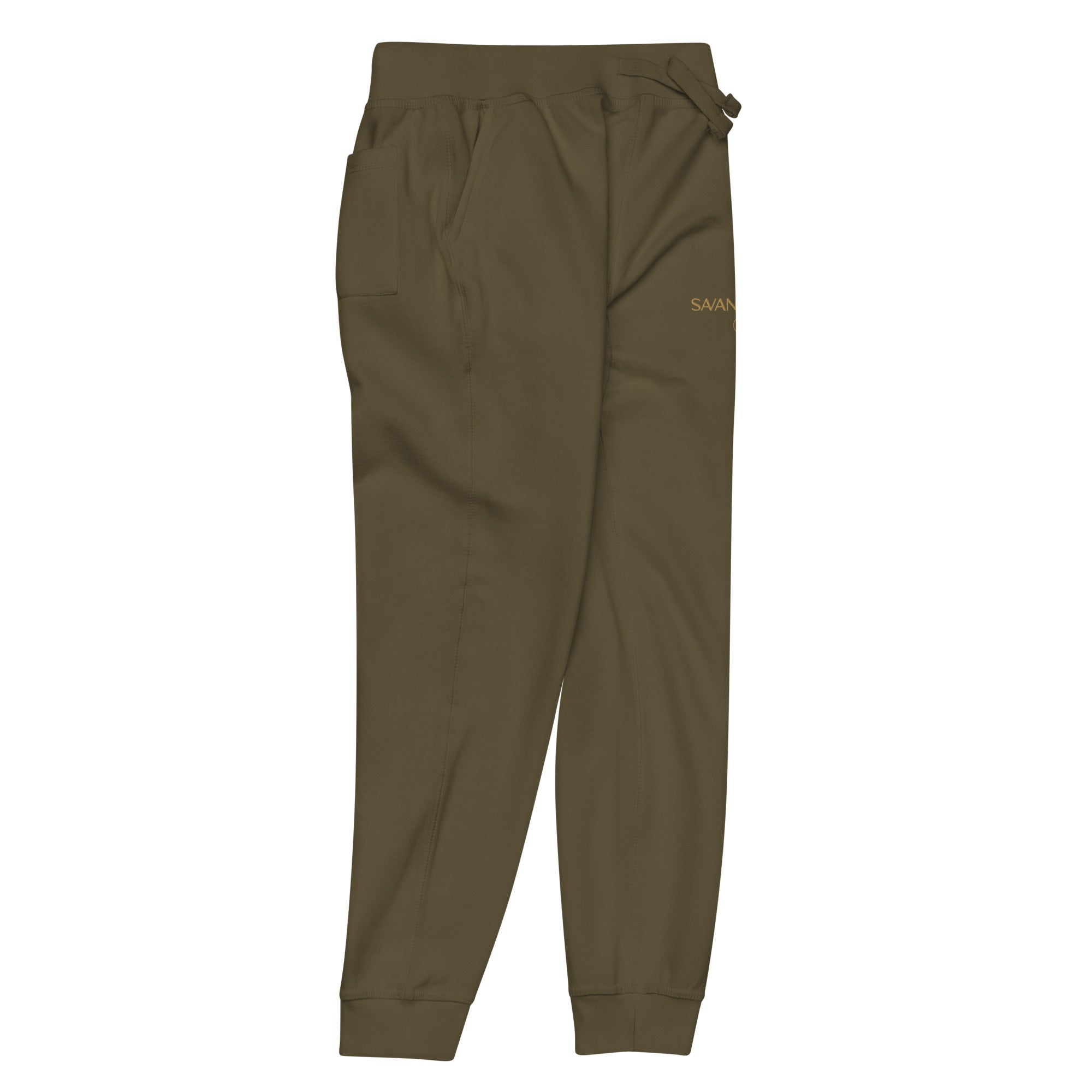 SAVANT NOIR olive green refined modern essentials pants with tapered legs and elastic waistband