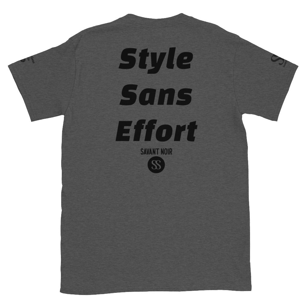 Gray Style Sans Effort designer tee by SAVANT NOIR with black text logo on back