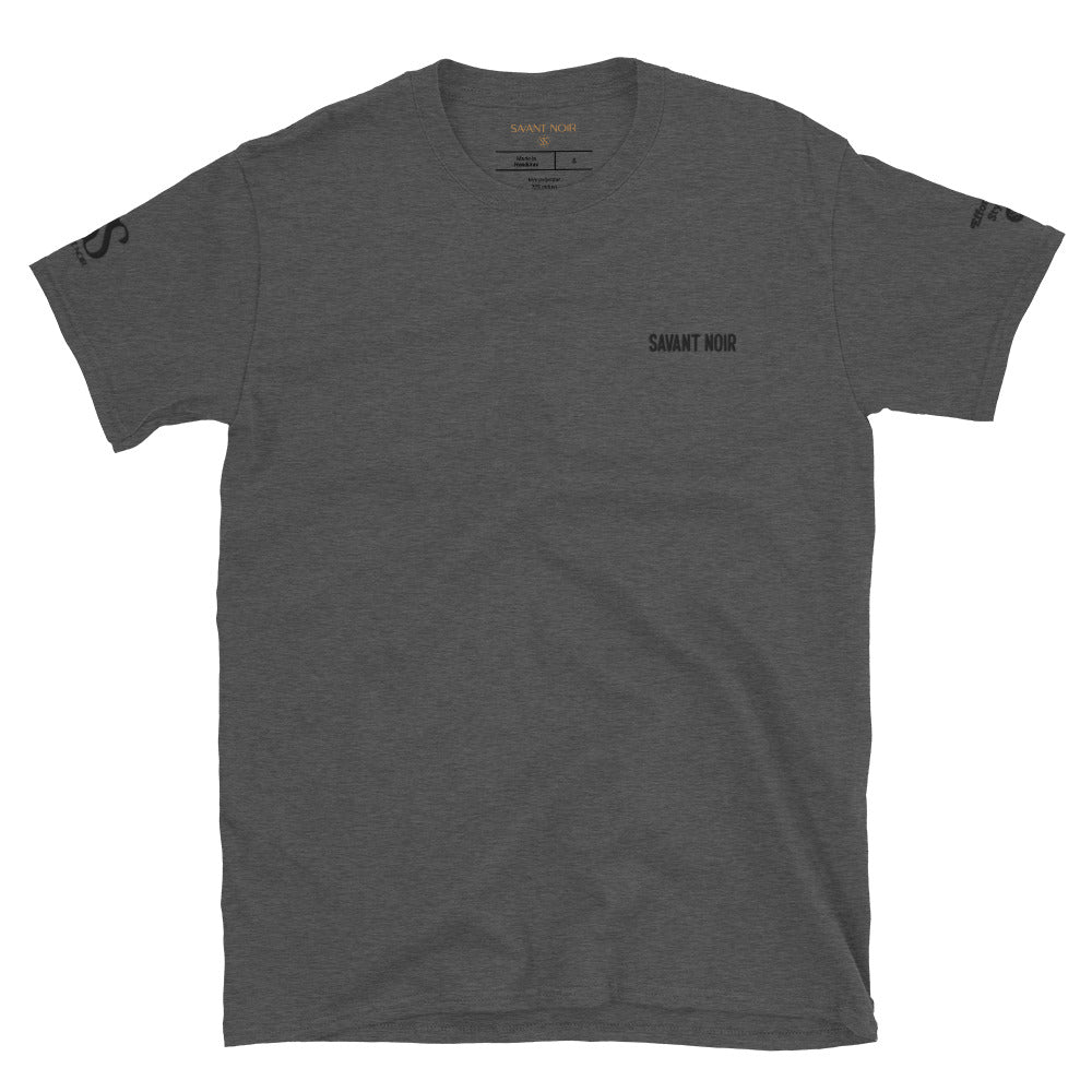 Gray SAVANT NOIR Style Sans Effort designer tee with minimalist logo on chest and sleeves
