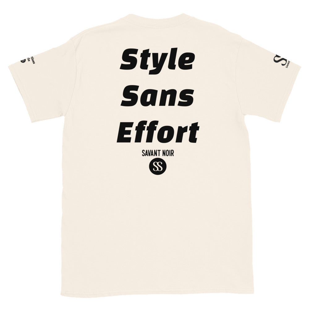 SAVANT NOIR Style Sans Effort designer tee with bold black text on cream colored back