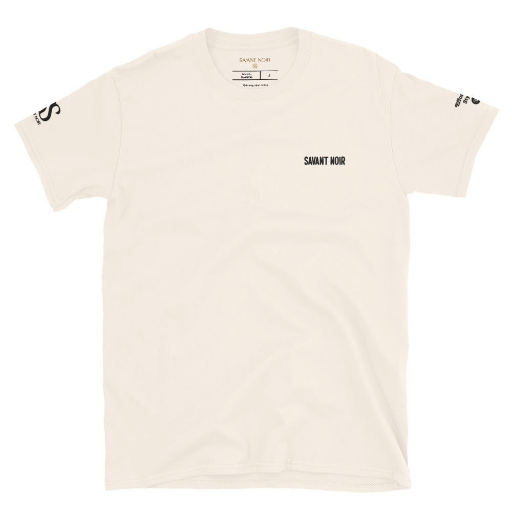 SAVANT NOIR Style Sans Effort designer tee in white with black logo on chest and sleeve details