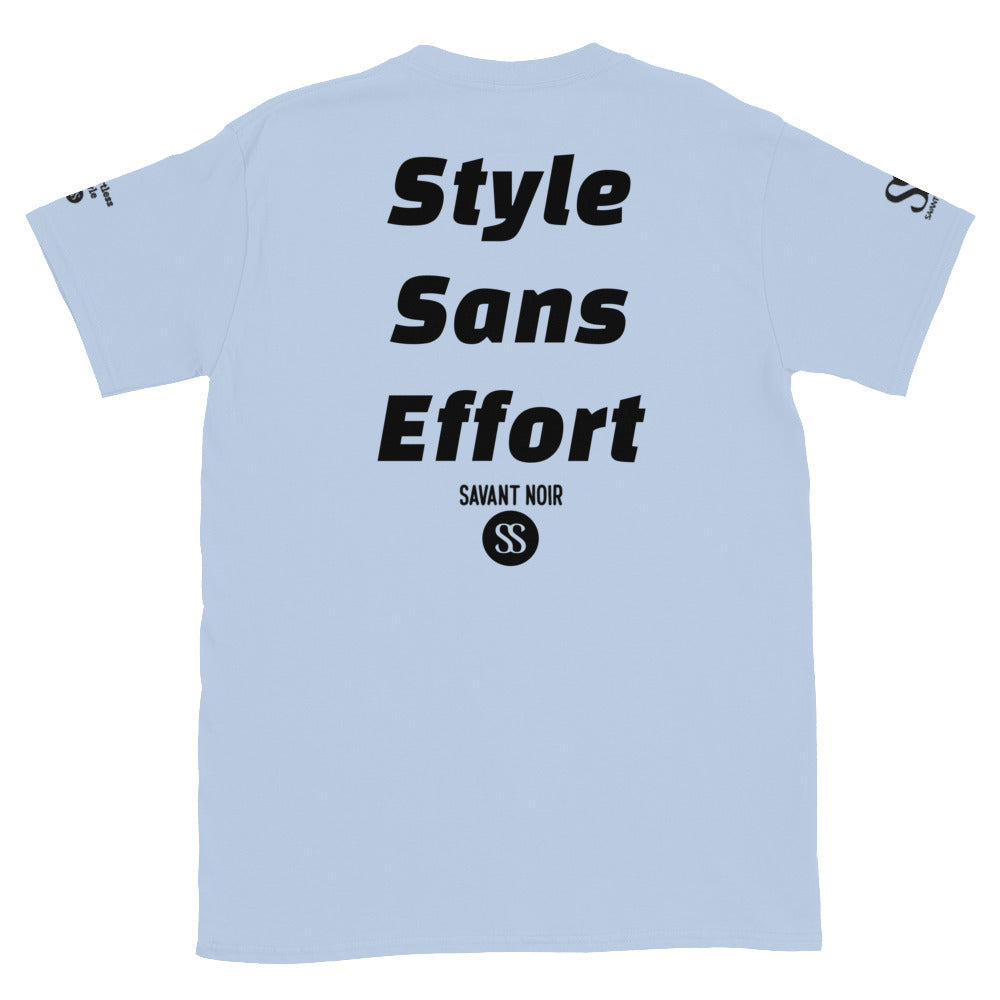 Light blue Style Sans Effort designer tee by SAVANT NOIR with bold black text on back