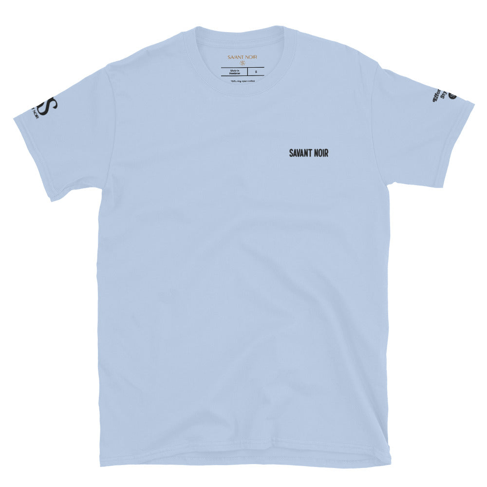 Light blue Style Sans Effort designer tee by SAVANT NOIR with small black logo on chest and sleeve text