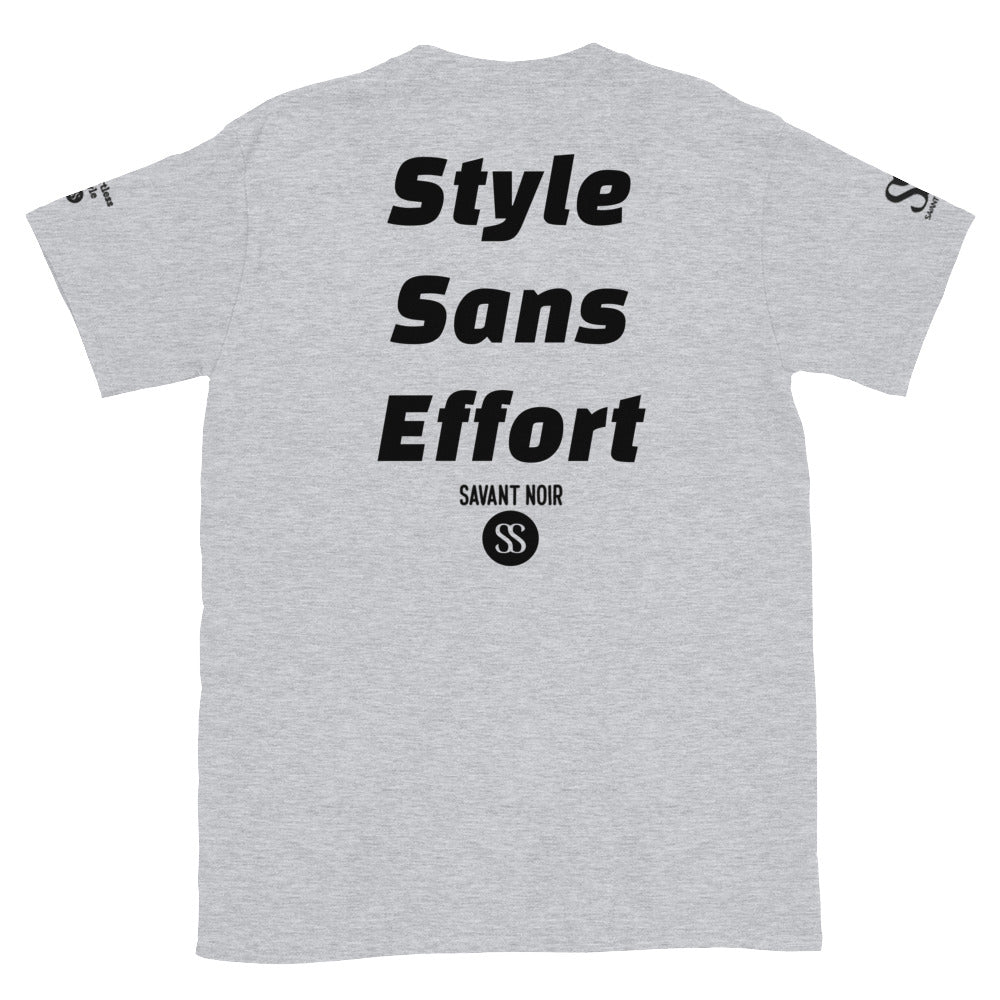 Gray Style Sans Effort designer tee by SAVANT NOIR with bold black text on back and logo on sleeves