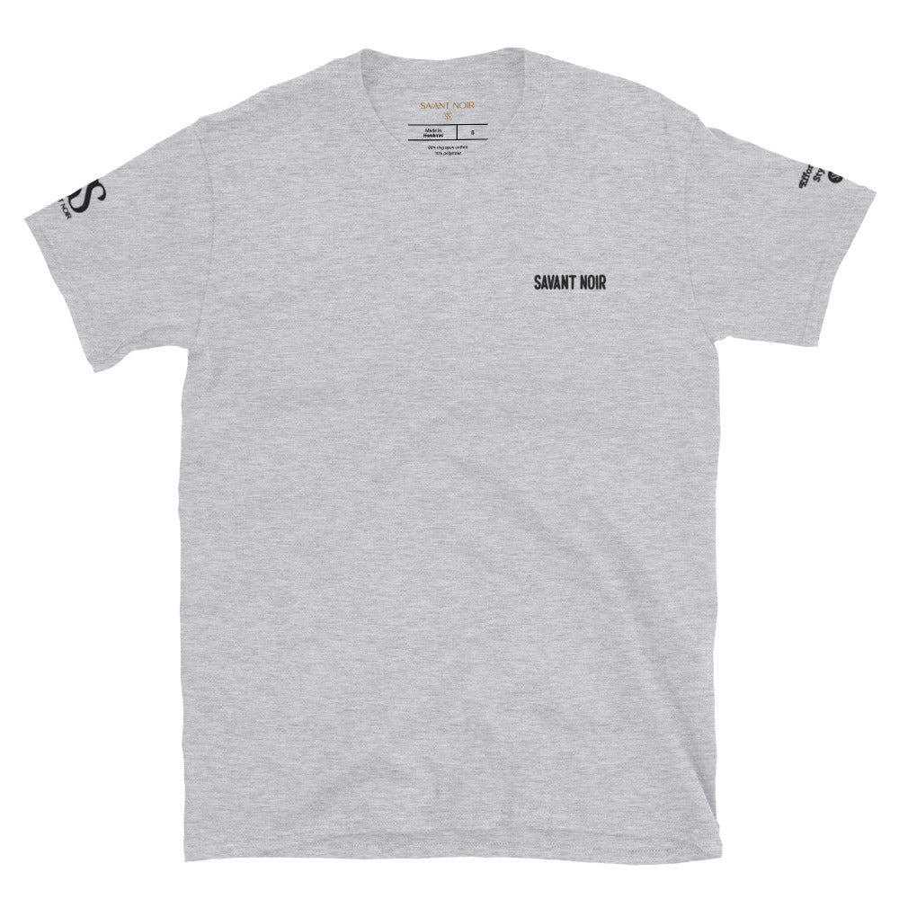 SAVANT NOIR gray Style Sans Effort designer tee with black logo print on chest and sleeves