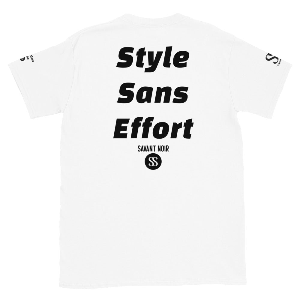 White Style Sans Effort designer tee by SAVANT NOIR with bold black text on the back and logo on sleeves