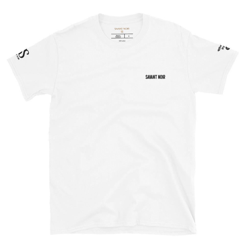 White Style Sans Effort designer tee by SAVANT NOIR with minimalist black logo on chest and sleeve