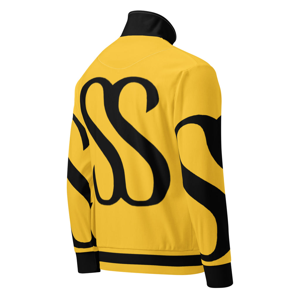 SAVANT NOIR yellow luxury track jacket with black bold graphic design on back and black collar
