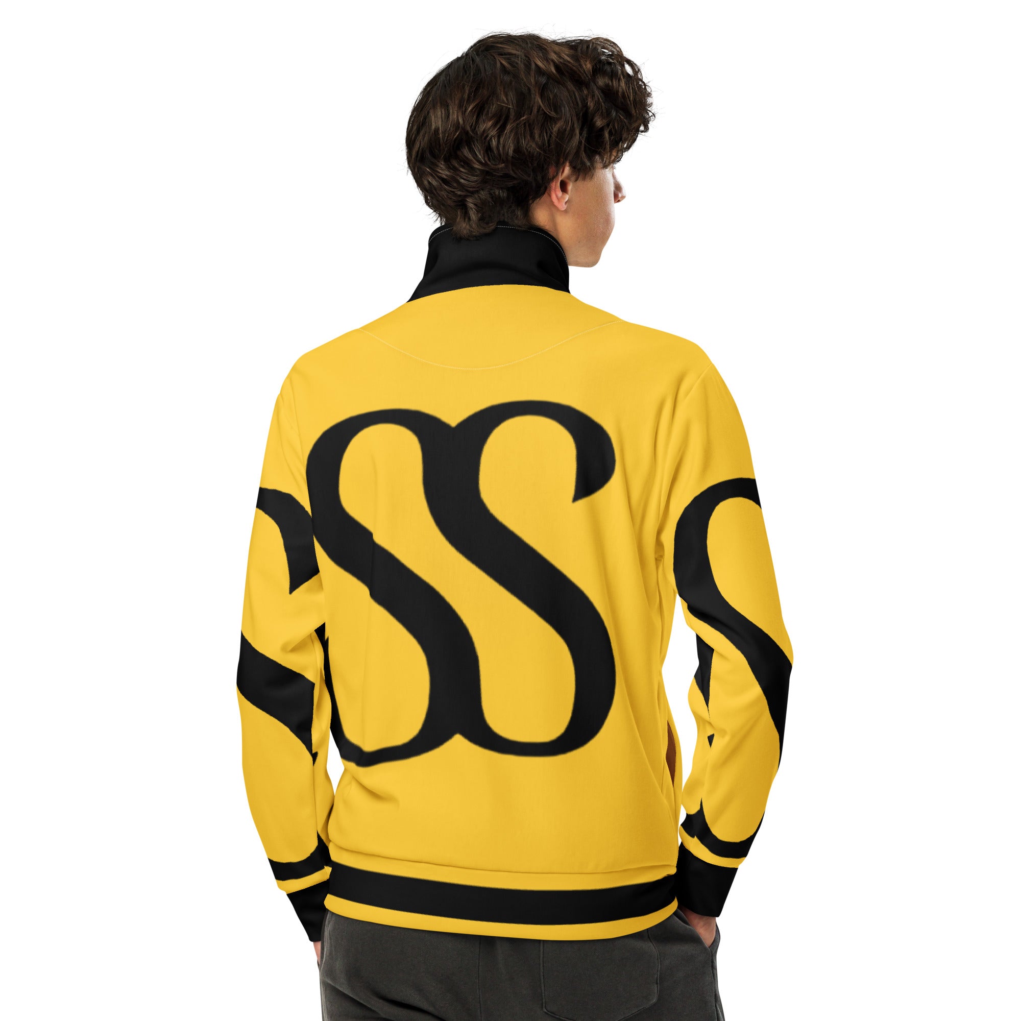 Back view of yellow luxury track jacket by SAVANT NOIR with black collar and bold black design