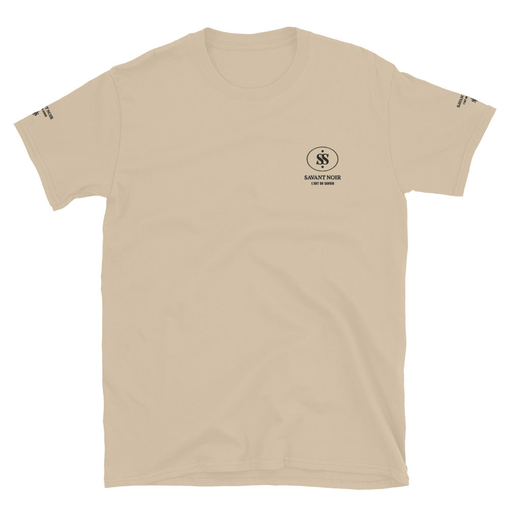 Beige luxury t-shirt by SAVANT NOIR with small black logo on chest and text on sleeves