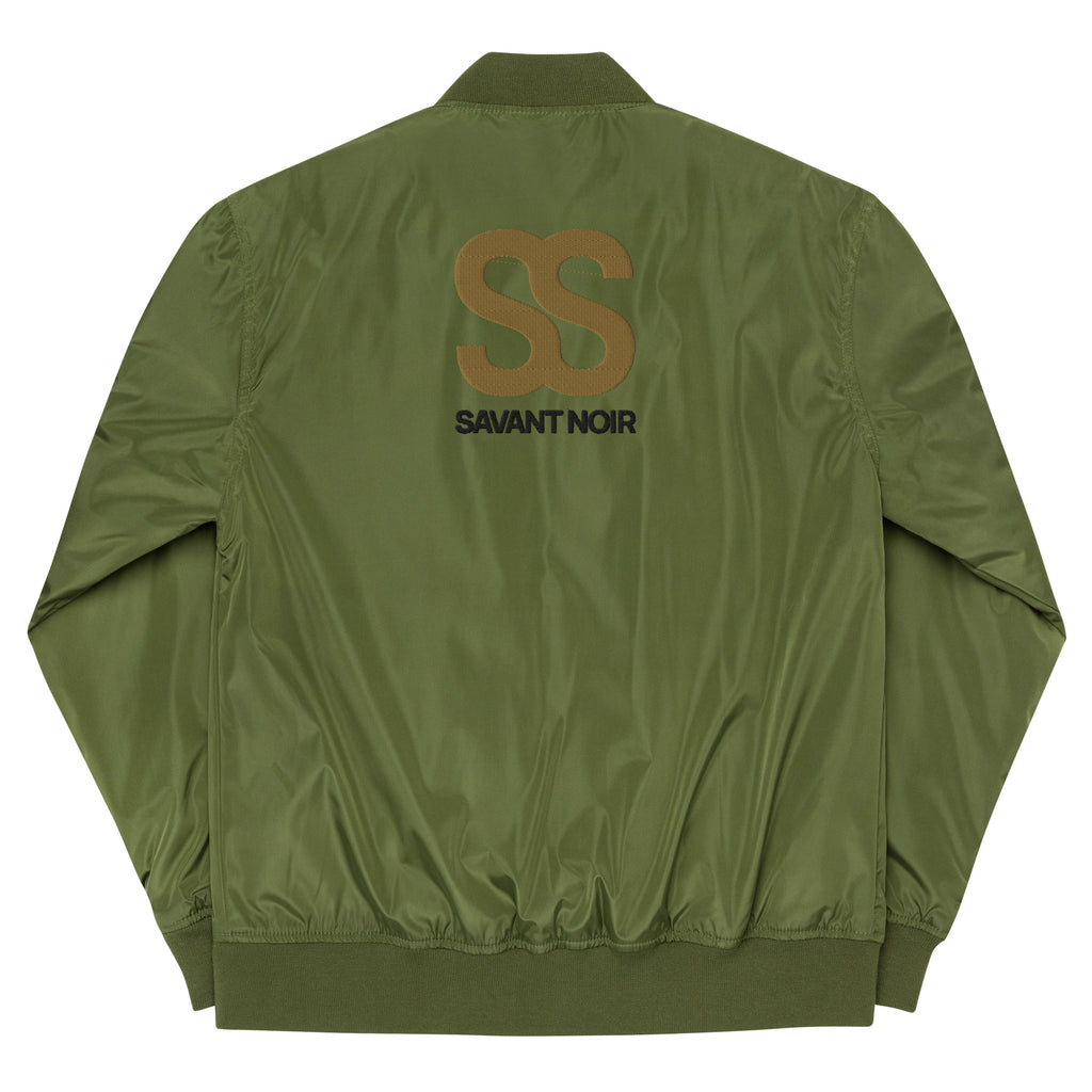 SAVANT NOIR designer olive bomber for men with SS logo on the back and ribbed cuffs