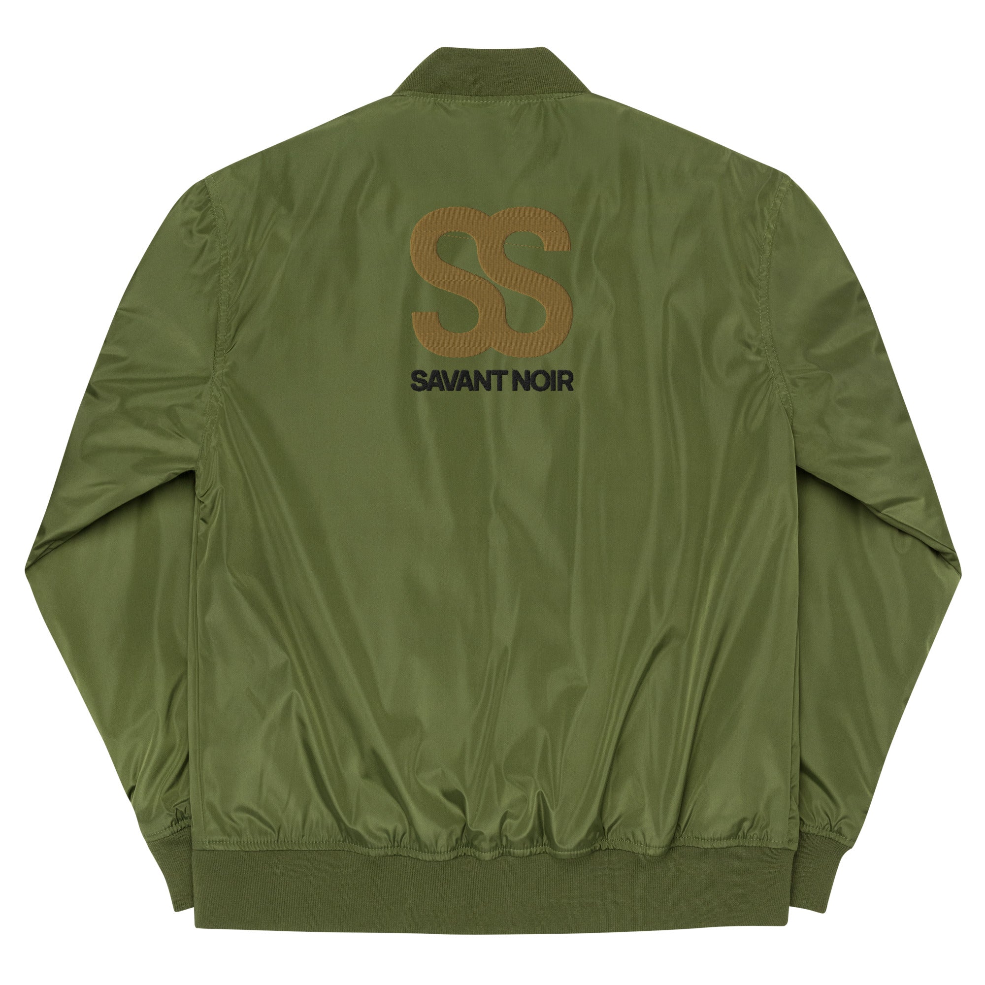 SAVANT NOIR designer olive bomber for men with SS logo on the back and ribbed cuffs