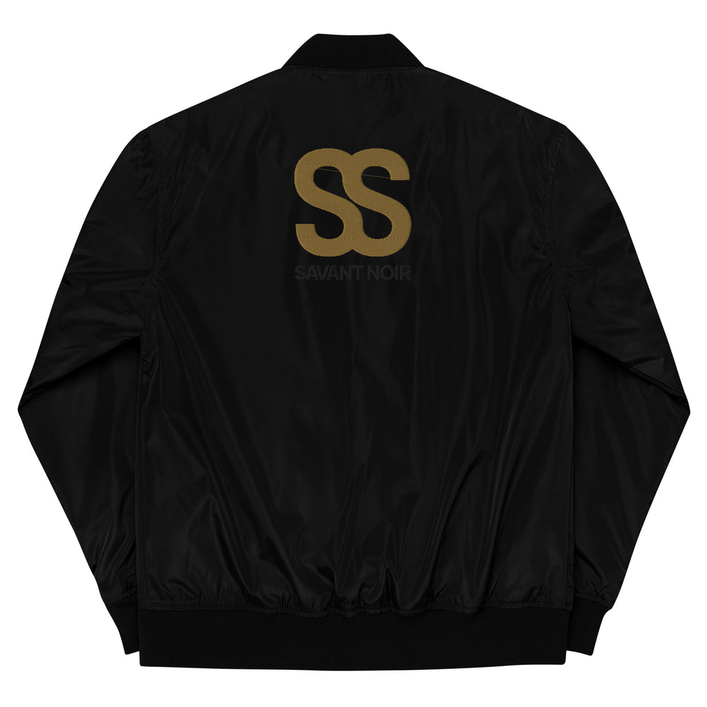 SAVANT NOIR black jacket with gold SS logo on back shown with designer olive bomber for men