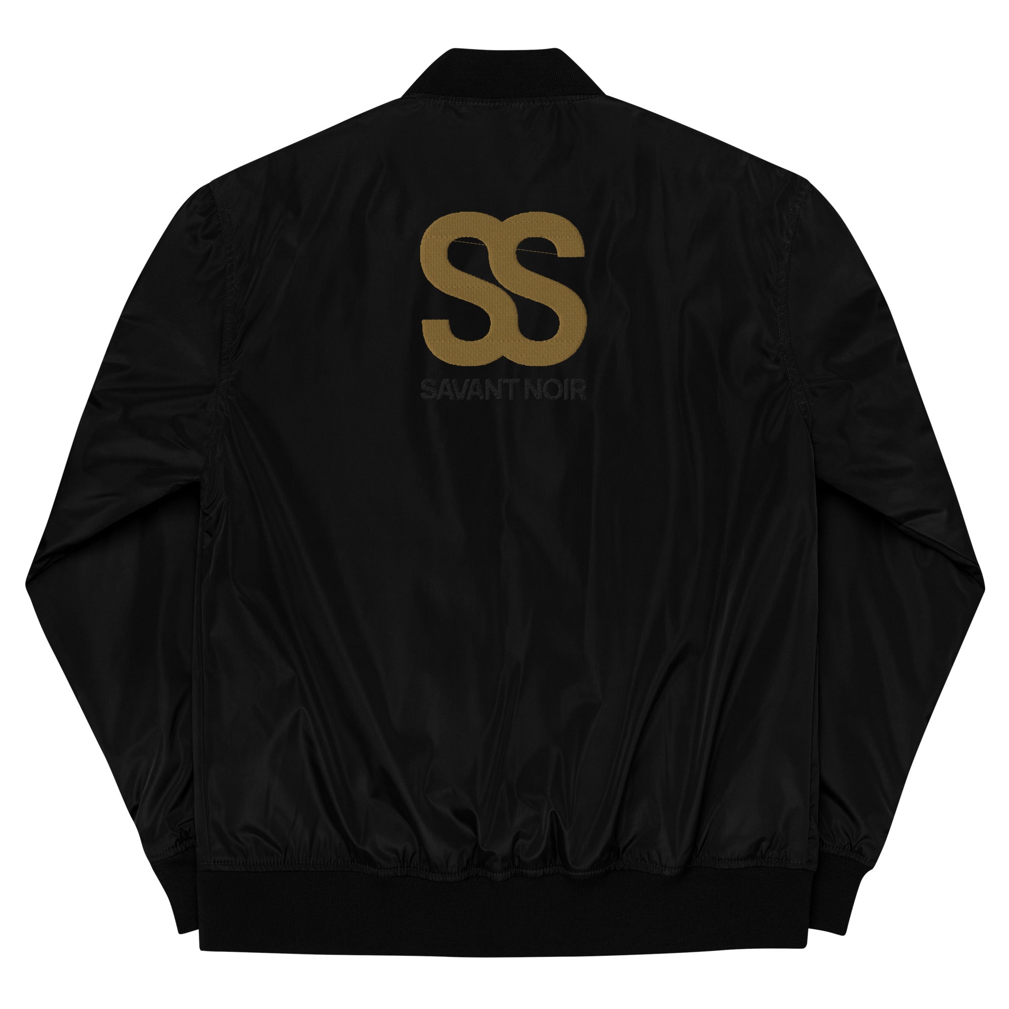 SAVANT NOIR black jacket with gold SS logo on back shown with designer olive bomber for men