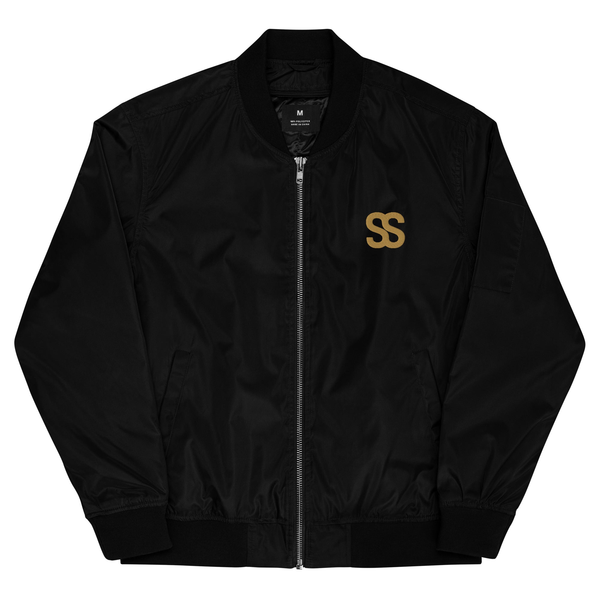 SAVANT NOIR black bomber jacket with SS logo design, styled as designer olive bomber for men