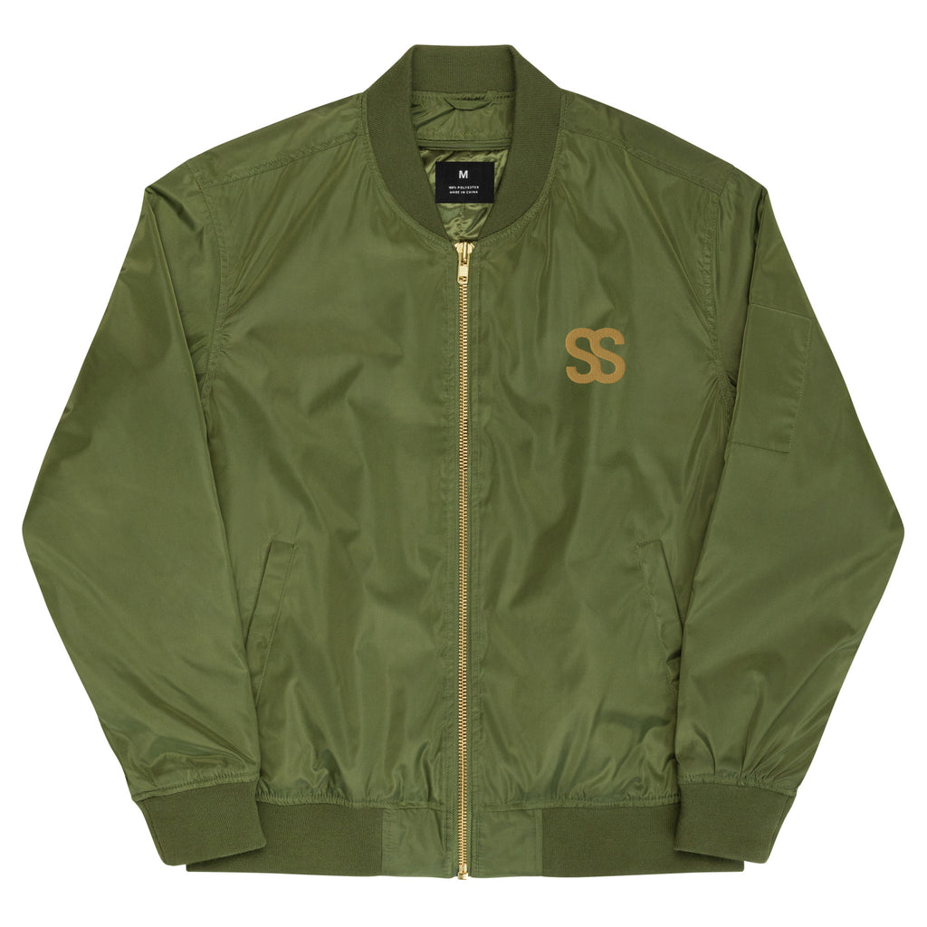 SAVANT NOIR designer olive bomber for men with front zip and ribbed cuffs and hem