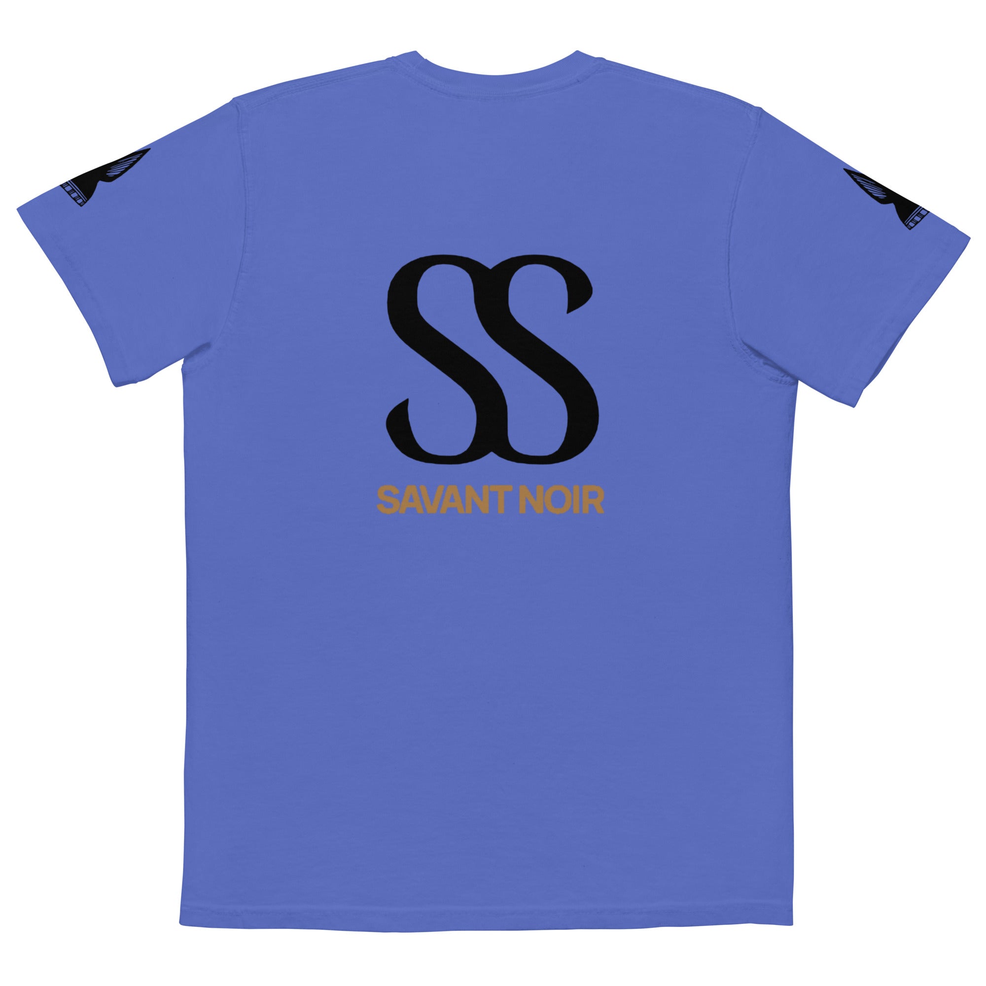 SAVANT NOIR luxury pocket tee in blue with black SS logo and brand name on back