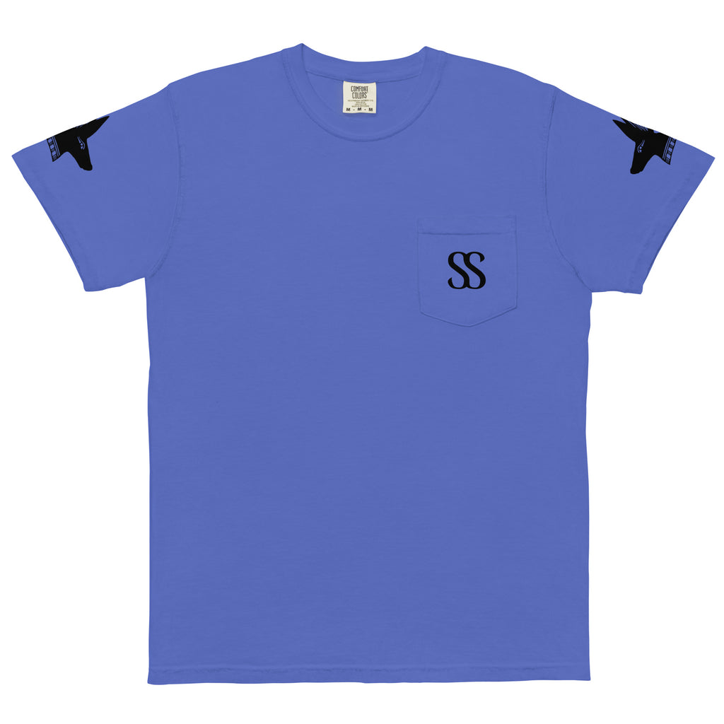 SAVANT NOIR luxury pocket tee in blue with front pocket and black logo on sleeves
