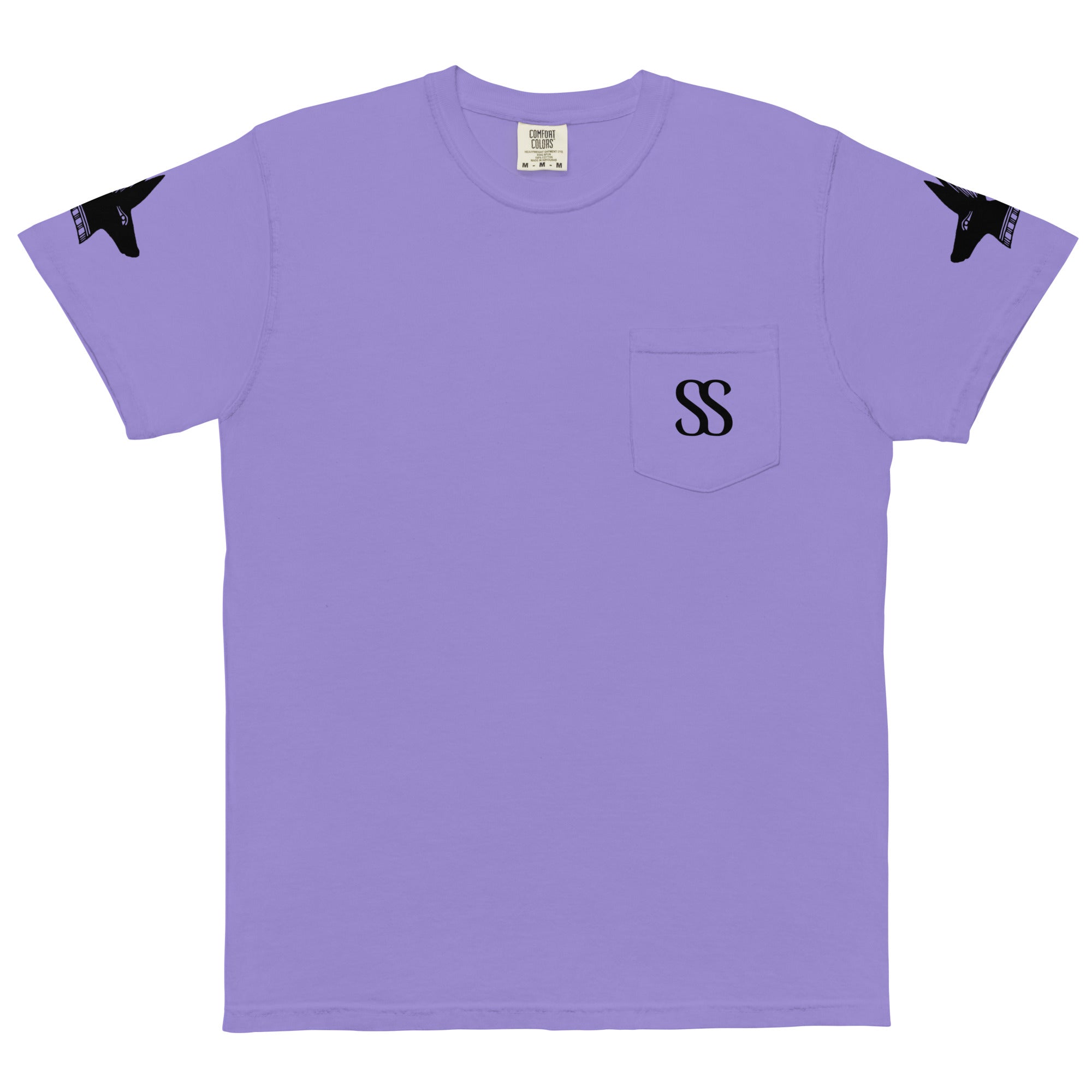 SAVANT NOIR lavender luxury pocket tee with black SS logo on pocket and star patches on sleeves