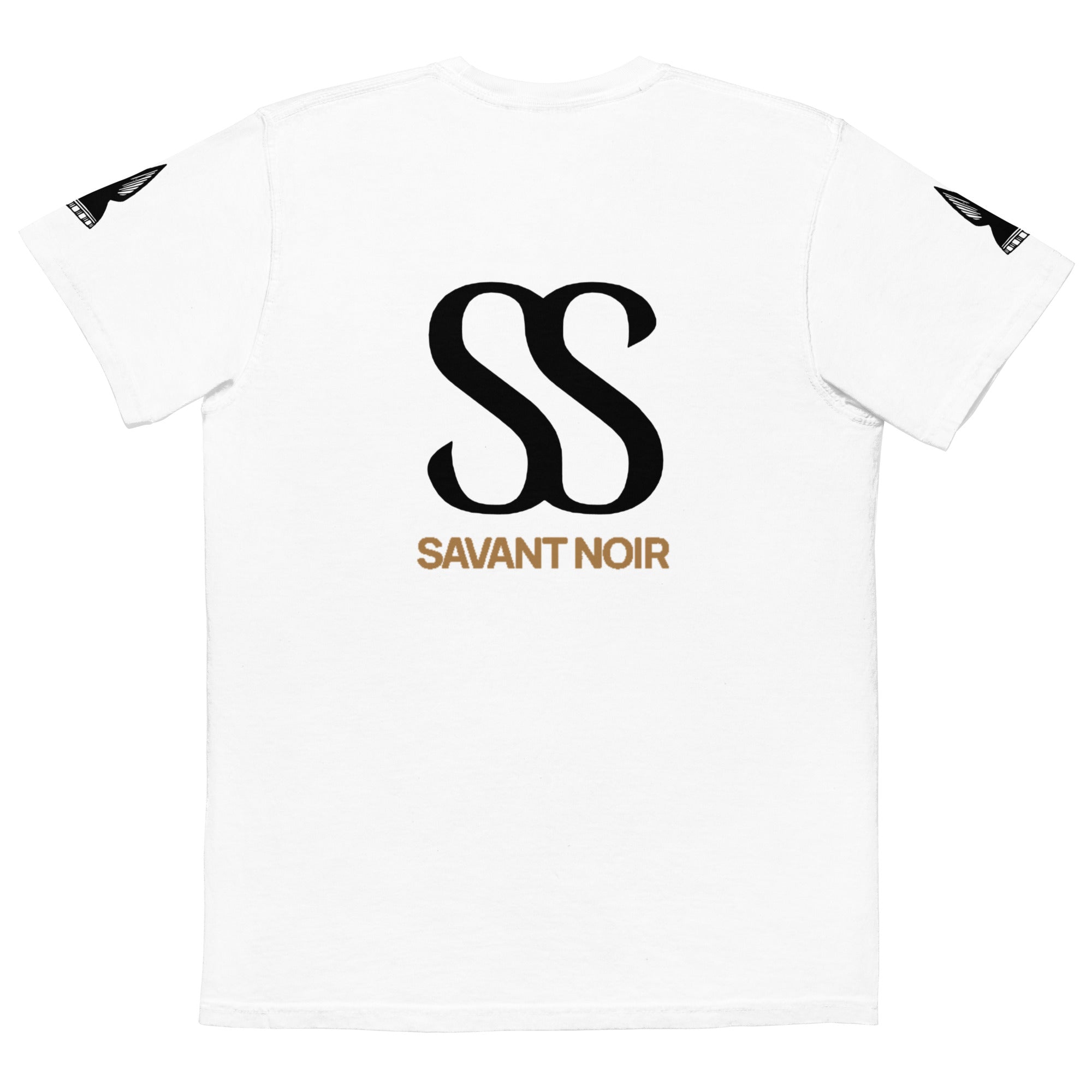 White SAVANT NOIR luxury pocket tee with black SS logo and gold brand name on back