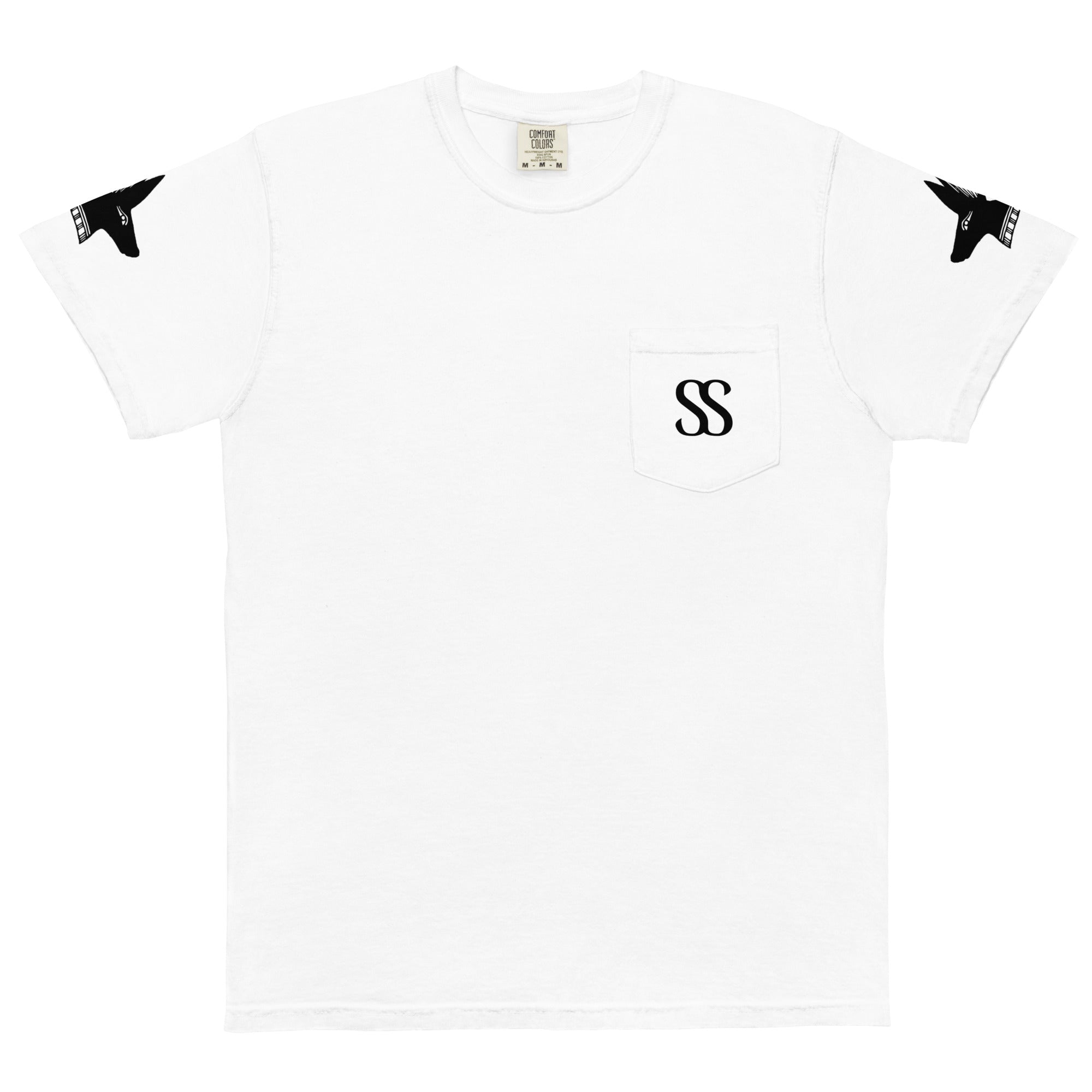 White SAVANT NOIR luxury pocket tee with SS logo on pocket and black graphic details on sleeves