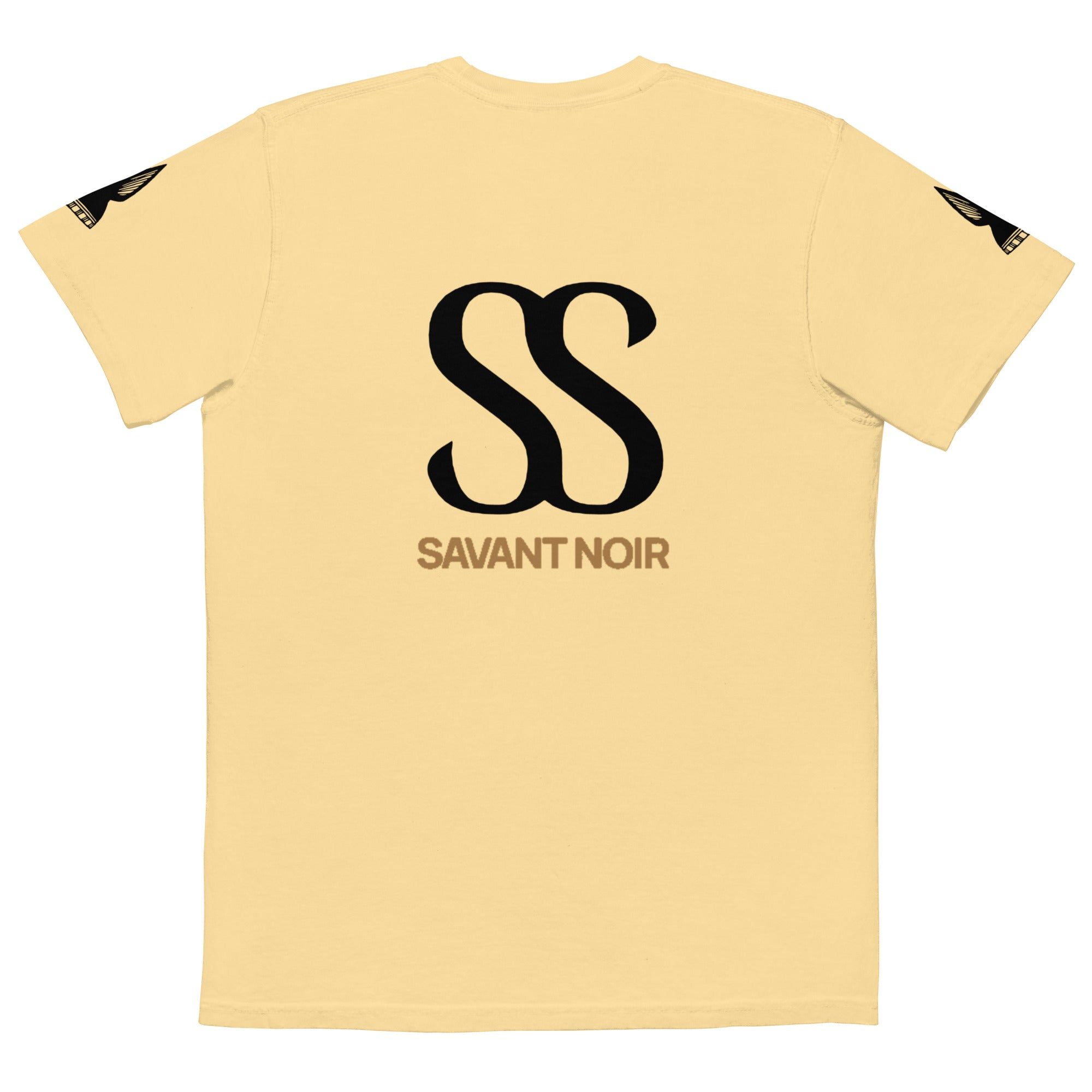 Savant Noir beige luxury pocket tee with black SS logo and Savant Noir text on the back