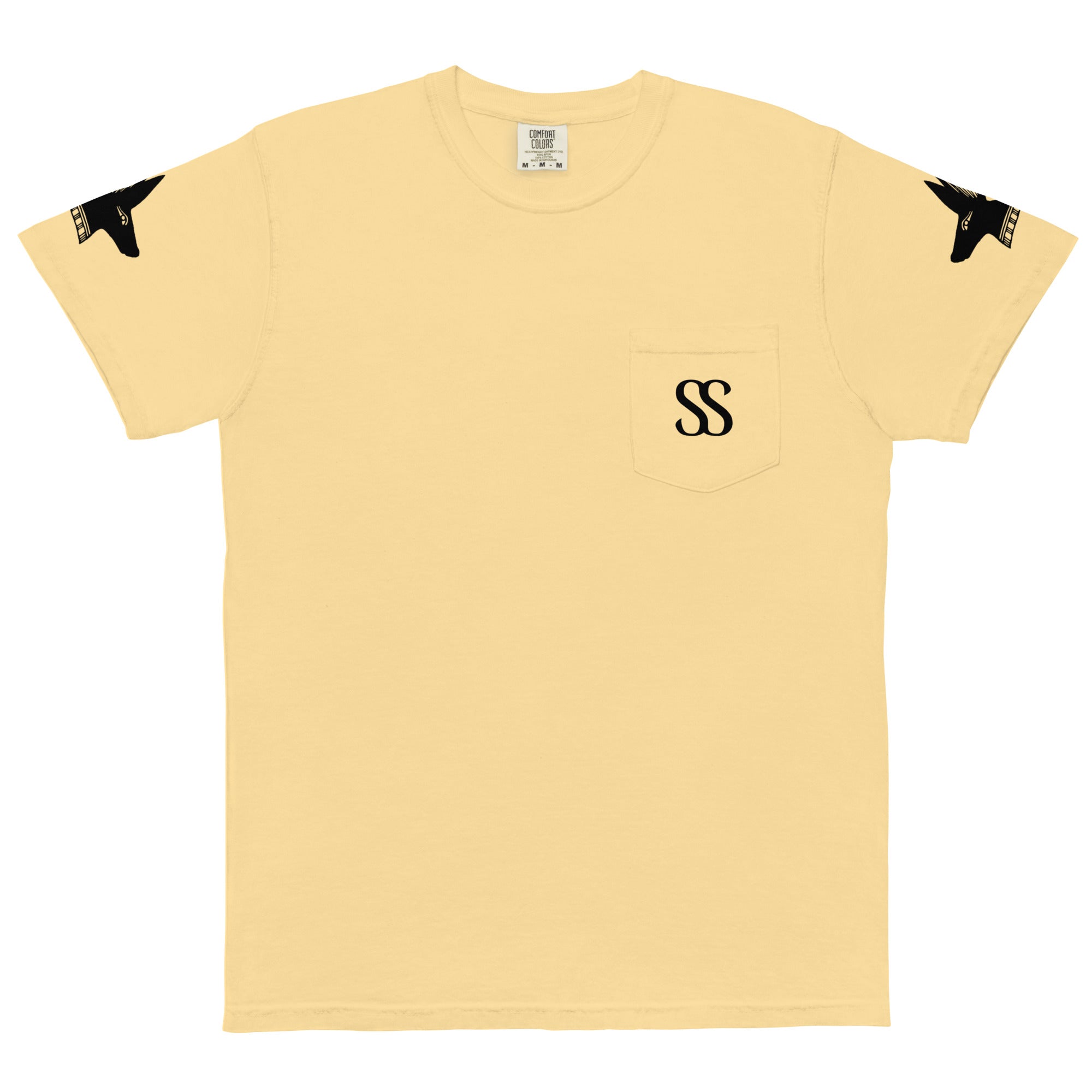SAVANT NOIR luxury pocket tee in beige with SS logo on pocket and black graphic prints on sleeves