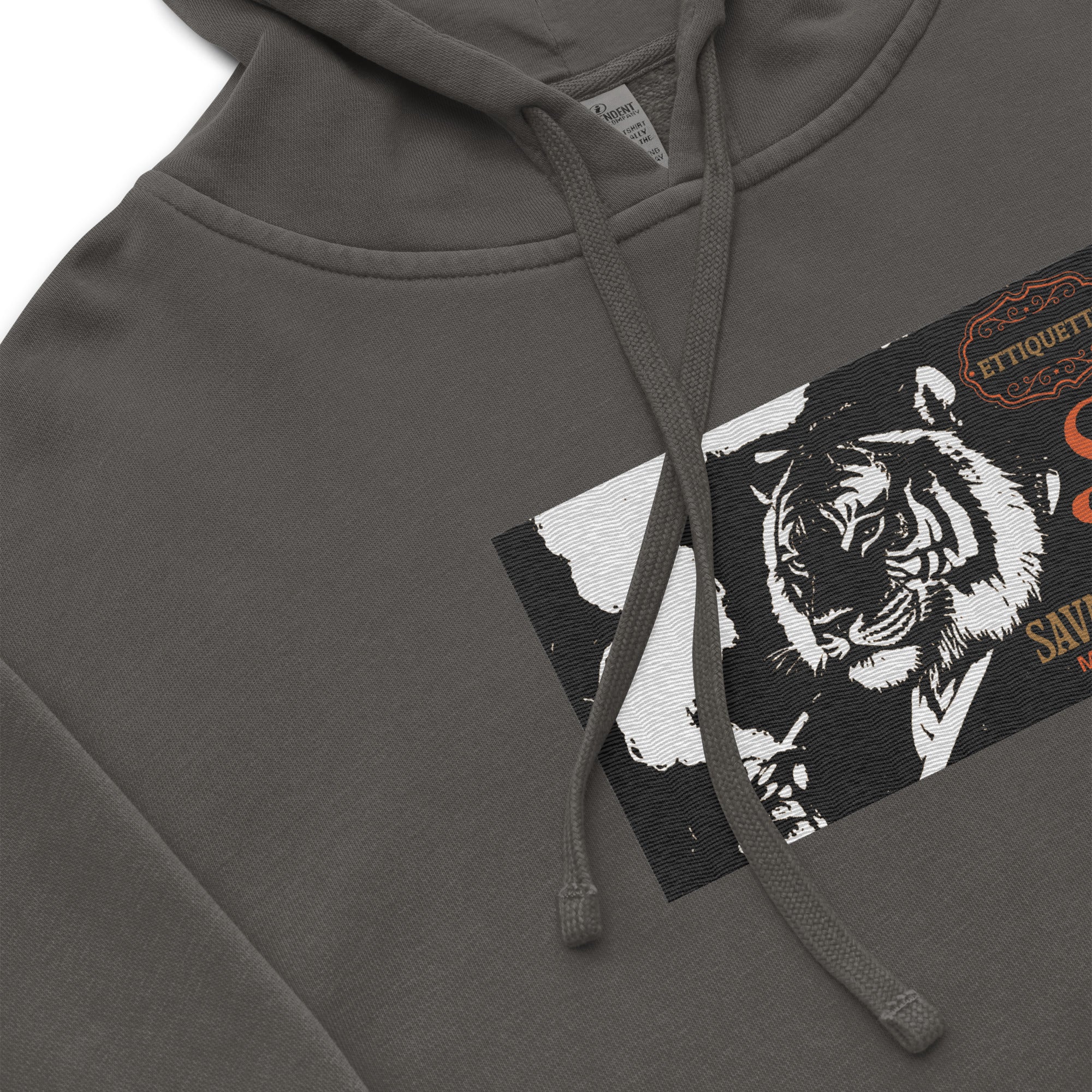 SAVANT NOIR embroidered luxury hoodie in gray with detailed tiger graphic and adjustable drawstrings