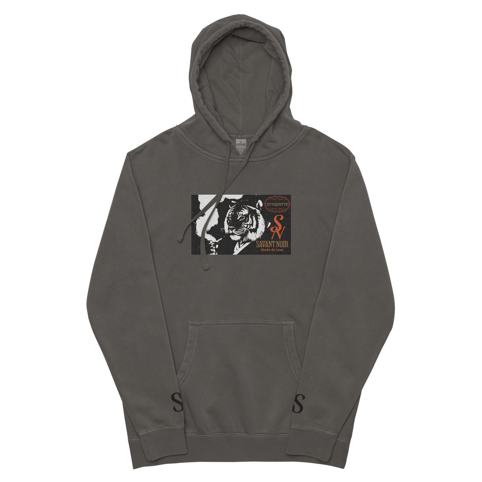 SAVANT NOIR embroidered luxury hoodie in dark gray with tiger design and front pocket
