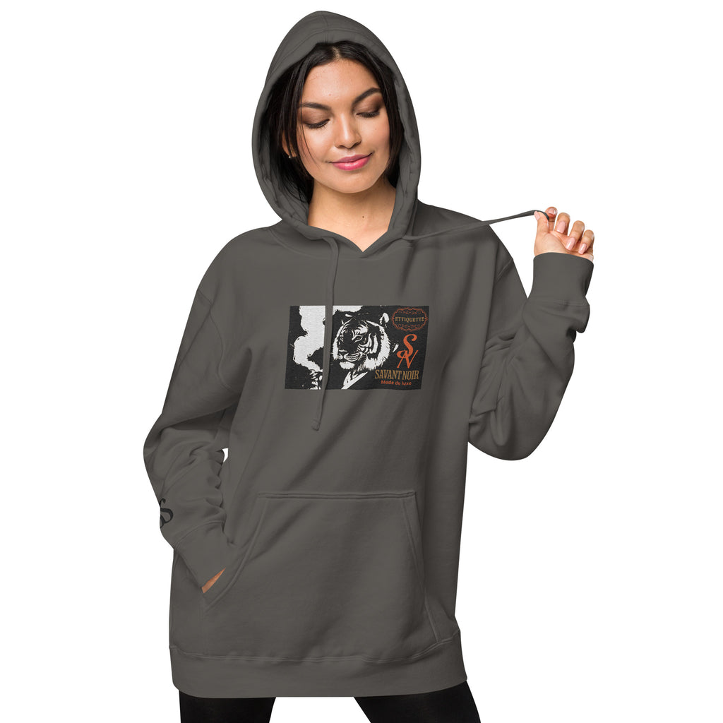 SAVANT NOIR embroidered luxury hoodie in dark gray with graphic tiger design worn by woman